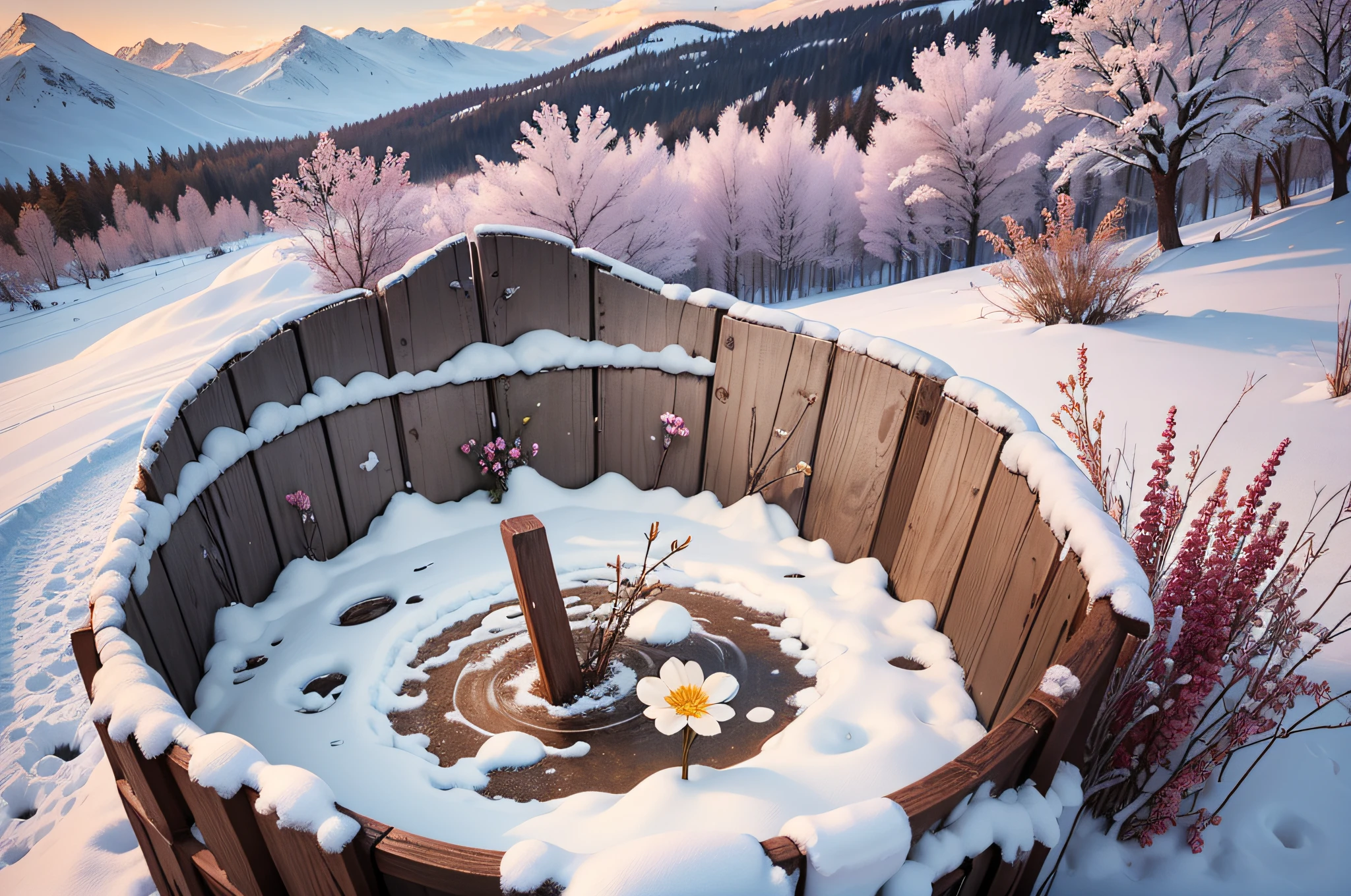 there is a basket with flowers in it on the snow, early spring, spring time, spring early, spring winter nature melted snow, spring early morning, winter setting, still life with snow, spring, springtime morning, seasonal, warm beautiful scene, winter season, spring evening, photo render, warm spring, spring theme, spring flowers, beautiful composition, sunny winter day --auto --s2