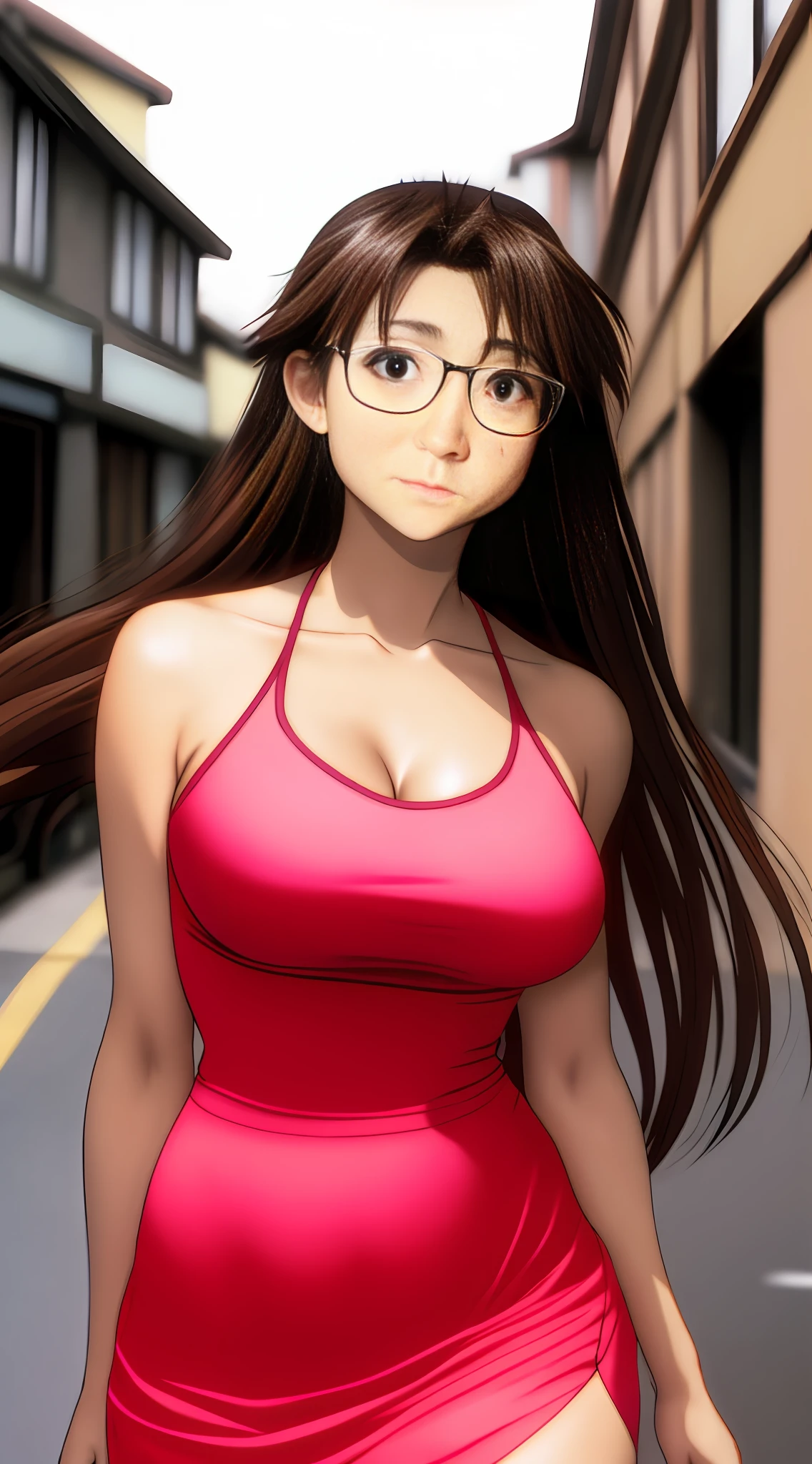 Koyomi Mizuhara, long brunette hair, glasses, bra, ????????????, cleavage, huge ???, skinny waist line, alleyway background, Tight skimpy dress