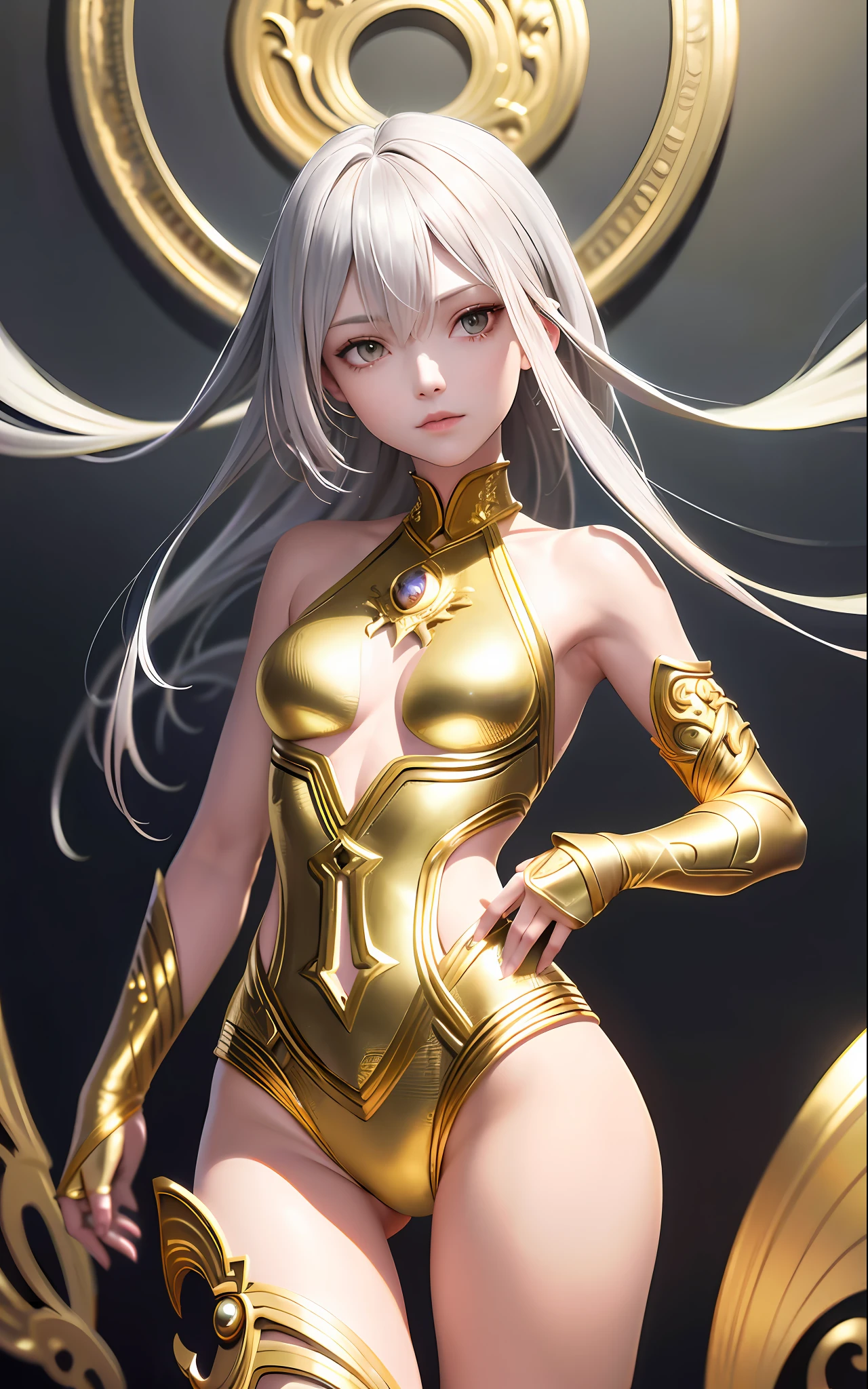 Superb Works, High Resolution, Best Quality, UHD, Super Detail, Award-Awarded, 16k, Upper body, A Beautiful Maiden, Gray Hair, Hair, ((Golden Eyes)), Hanging Eyes, Fair Skin, (Small Breasts), Slim Figure, ((Women's Short Top, Hot Pants))