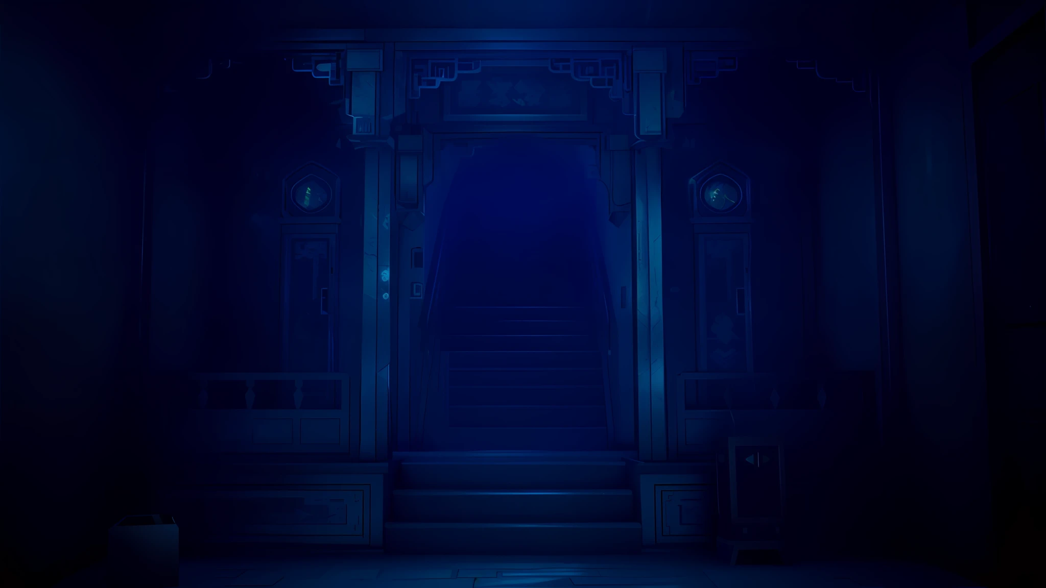 1 boy, a codex paper man, has a dark room with stairs and doors, movie blue lights, cyberpunk Chinese castle, Unreal Engine. Vintage movie stills, rendered in Unreal Engine 5, rendered in Unreal Engine 5, created in Unreal Engine 5, volumetric ray-traced fog, blue-faced Unreal Engine, Unreal Engine 5 lighting, Unreal Engine 5 rendering dramatic, rendered in Unreal Engine 5