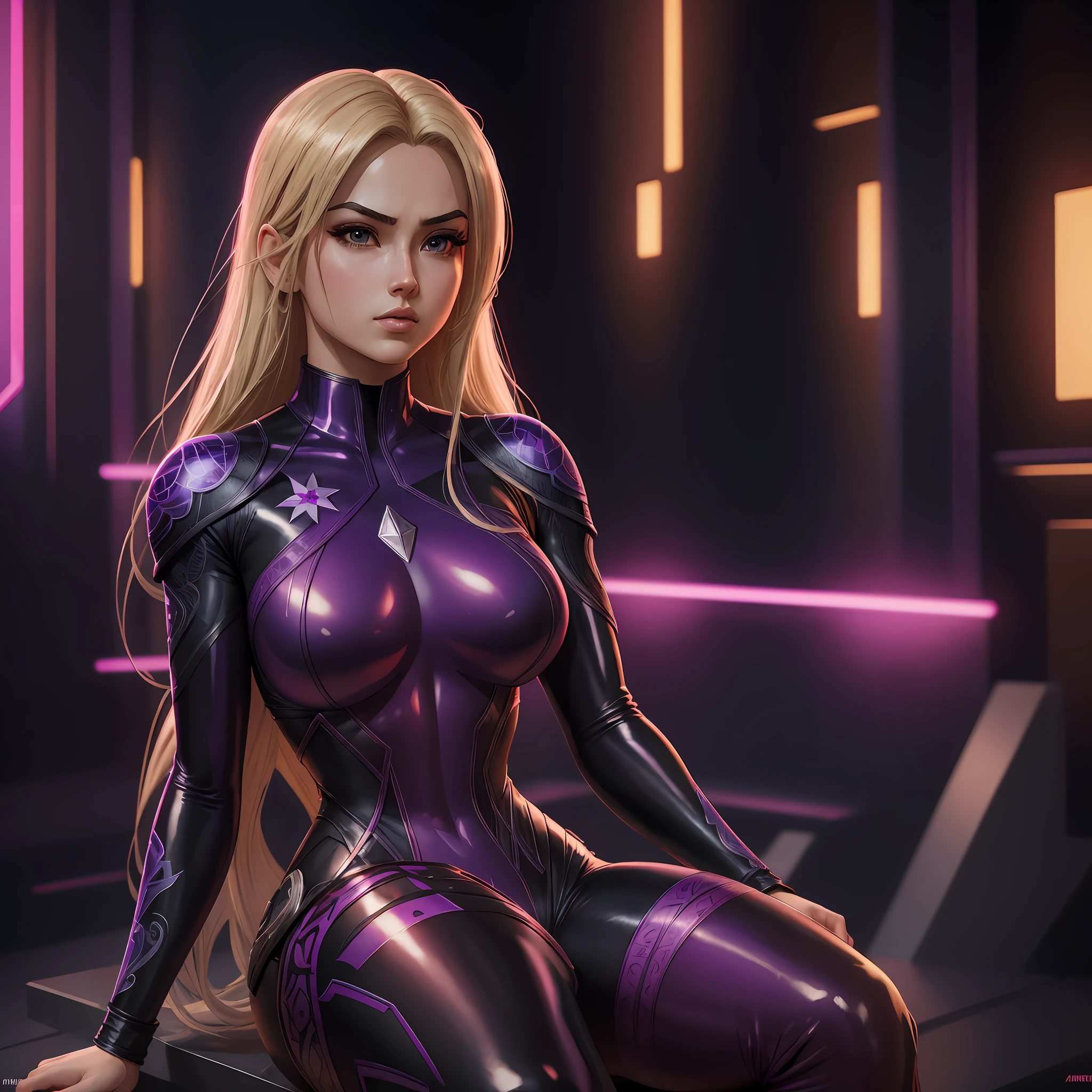 8k, realistic, attractive, very detailed, a 25-year-old girl in a psylocke costume, she is psylocke, superhero theme, long blonde hair, 25 years old, full body, ray traced image of Arthur Pan, trend in Artstation, digital art, psylocke, red and cinematic lights, dramatic shadows and beautiful vibrant colors The color captures the scene. Romantic art style, intricately detailed woman, intricately detailed woman, latex, thick thighs, full body, medium chest --auto --s2