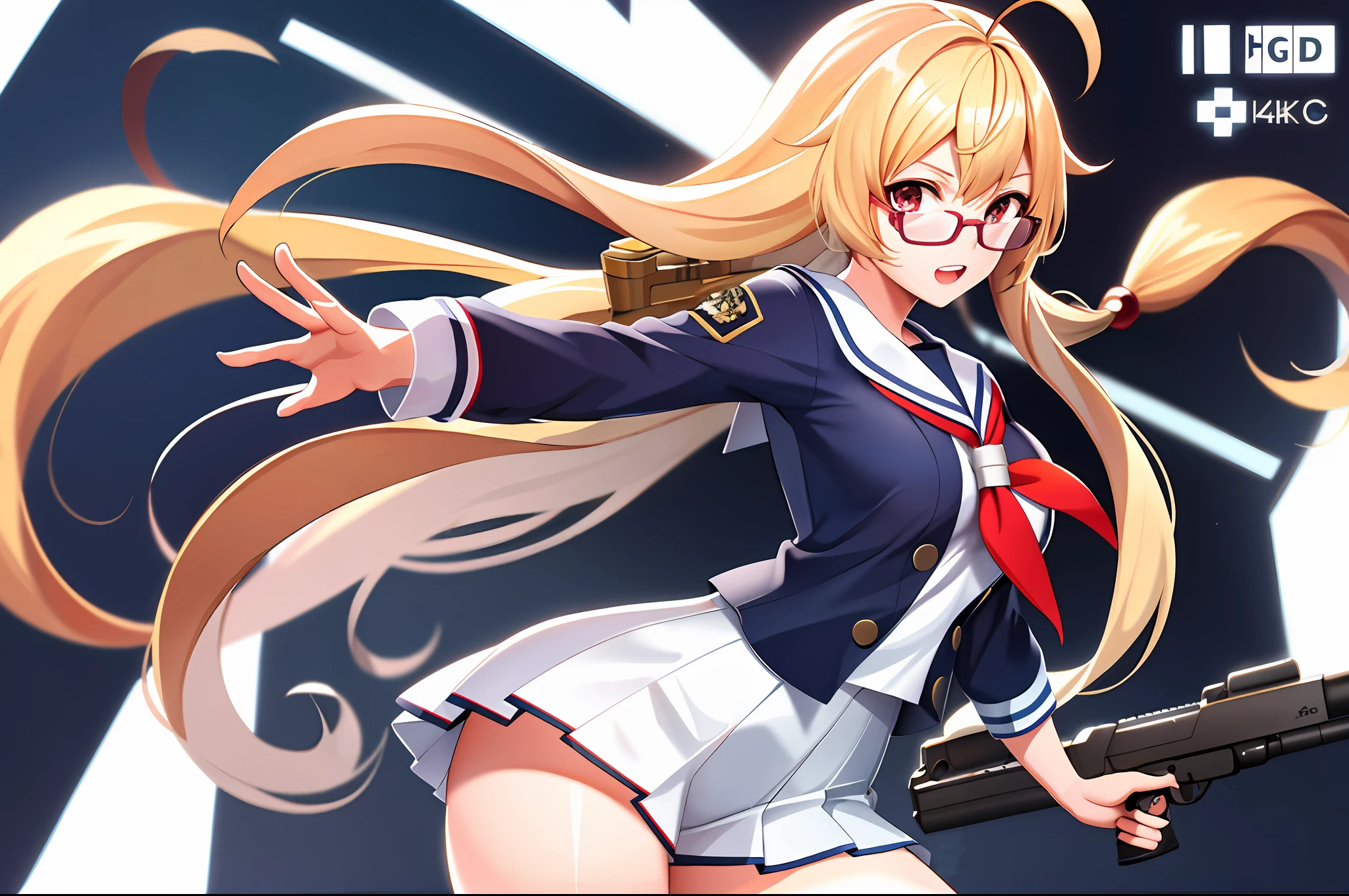 High school girl, sailor suit, gun, urban combat, 4k, high image quality, dog ears, long hair, d cup, glasses, blonde hair, cute type, ahoge, double teeth