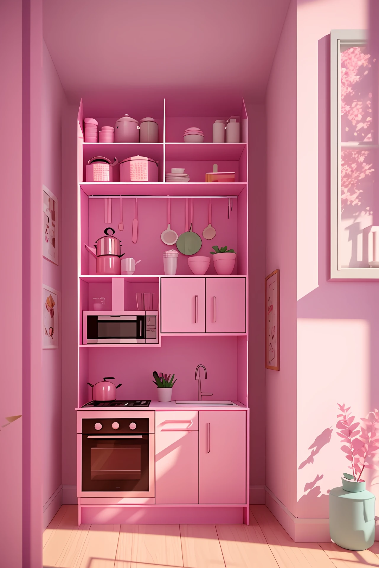 Cute little kitchen in a cut-out box, soft and soft lighting, soft pink colors, 100mm lens, 8k 3D blender rendering