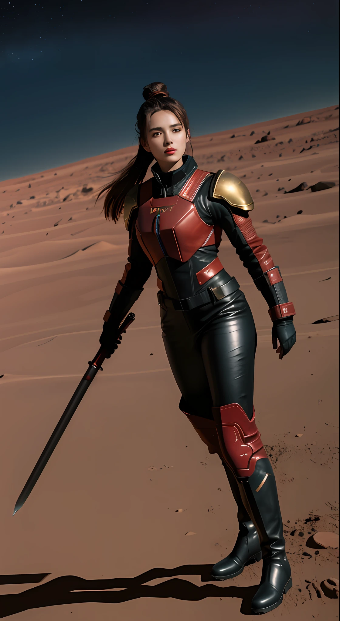 Beautiful female warrior of 20 years old, wearing tight red and black leather suit, long black leather high heel boots, holding long sword in the right hand, whole body from head to toe, on the Mars, ultra detailed face, topknot hair style, perfect body ratio, stars and nebular backgrounds, extraterrestrial, celestial, Martian, Cosmic, galactic,surface of Mars, hyperrealistic, chiaroscuro, volumetric lighting, ultra detailed, masterpiece, photorealistic, perfect contrast, perfect lighting, 8k resolution)