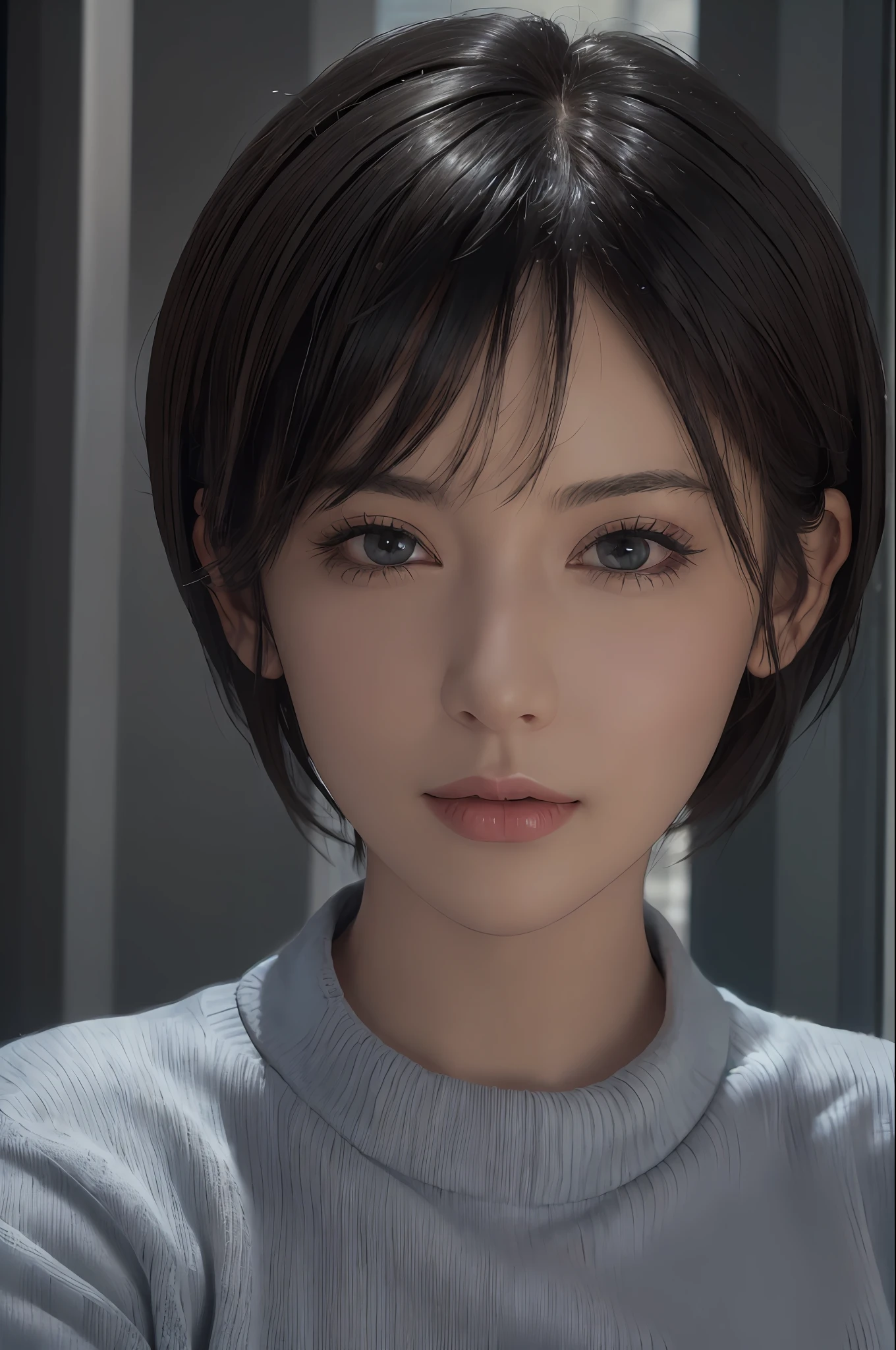 (masterpiece:1.3), (8k, photorealistic, RAW photo, best quality: 1.4), (1girl), beautiful face, (realistic face), (black hair, short hair:1.3), beautiful hairstyle, realistic eyes, beautiful detailed eyes, (realistic skin), beautiful skin, (sweater), absurdres, attractive, ultra high res, ultra realistic, highly detailed, golden ratio