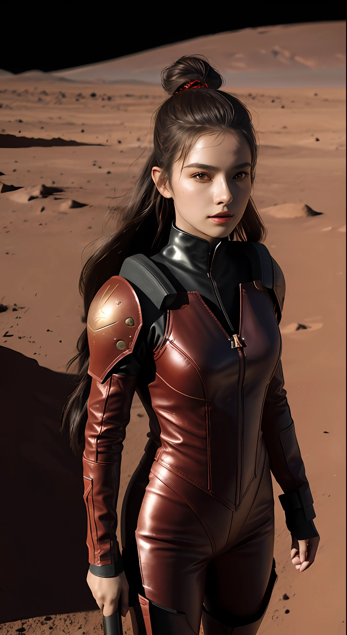 Beautiful female warrior of 20 years old, wearing tight red and black leather suit, long black leather high heel boots, holding long sword in the right hand, whole body from head to toe, on the Mars, ultra detailed face, topknot hair style, perfect body ratio, stars and nebular backgrounds, extraterrestrial, celestial, Martian, Cosmic, galactic,surface of Mars, hyperrealistic, chiaroscuro, volumetric lighting, ultra detailed, masterpiece, photorealistic, perfect contrast, perfect lighting, 8k resolution)