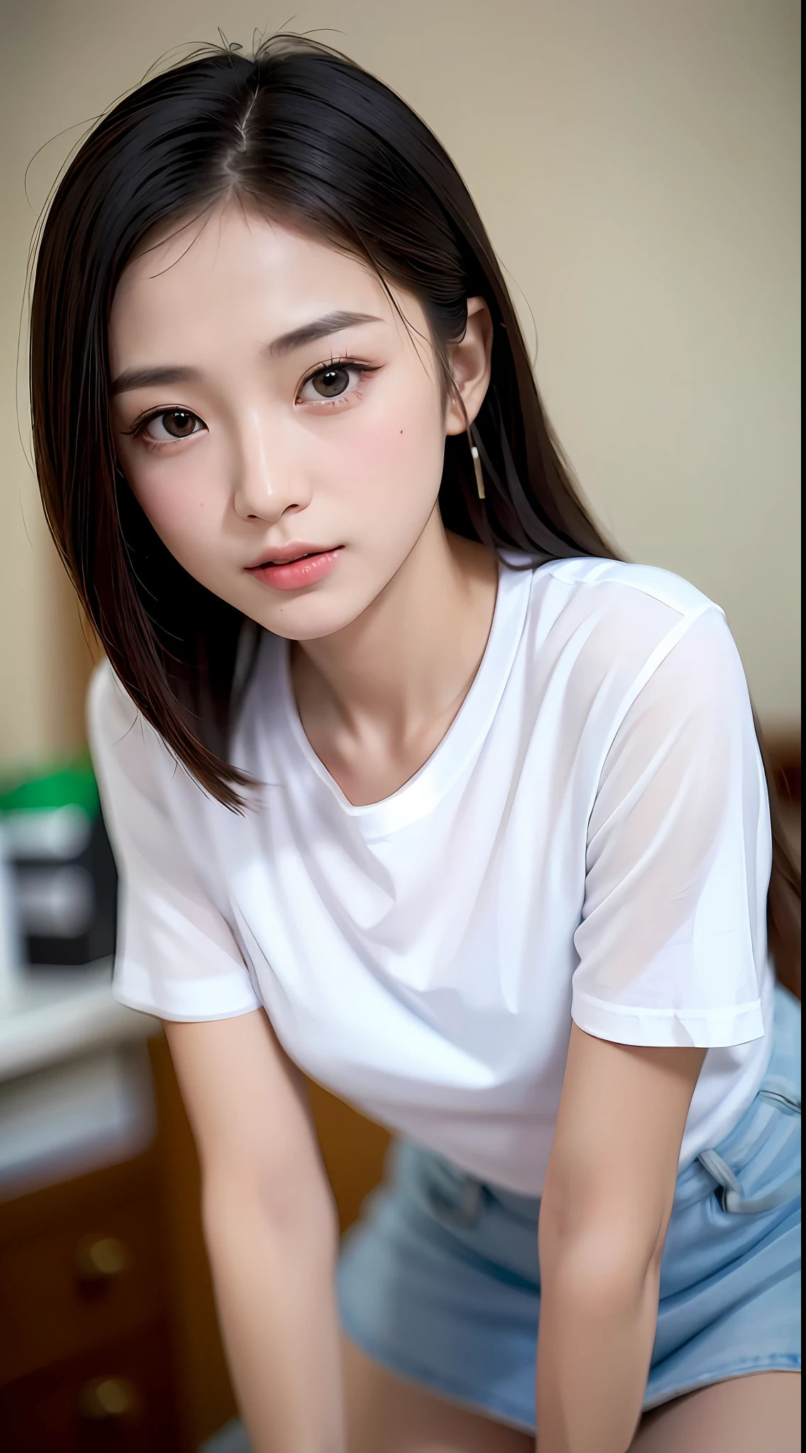 (yinchuan:1.5), close-up, masterpiece, best quality, raw photo, photorealistic, F cup big, beautiful face, soft smiling girl, cute, white t-shirt, mini skirt, beautiful long legs, middle hair depth of field, high resolution, ultra detail, fine detail, highly detailed, highly detailed eyes and face, sharp pupils, realistic pupils,