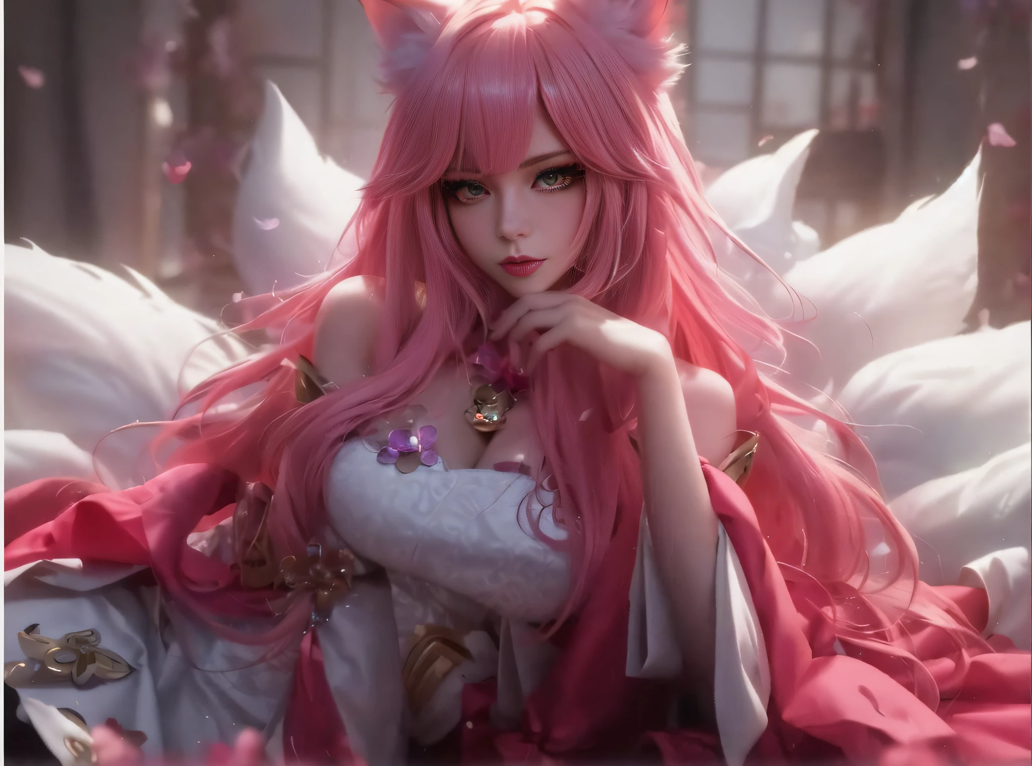 (Masterpiece, Top Quality, Best Quality, Official Art, Beauty and Aesthetics: 1.2), close-up of a woman with pink hair and cat ears, portrait of Ahri, Guvez, Beautiful anime Catwoman, Ahri, Very Beautiful Anime Catgirl, Guviz style artwork, League of Legends Ahri, Extremely detailed art germ, beautiful fantasy anime, 8k high quality detail art, anime Waifu