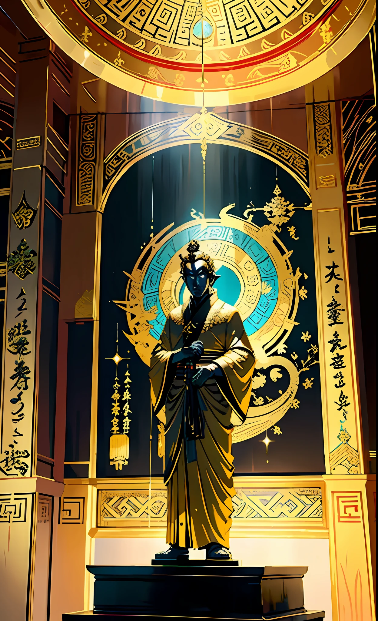 In a solemn temple, a huge statue of the Great Emperor stands in the center. He was dressed in a magnificent dragon robe and held a sword, with a solemn and majestic demeanor.
[3] = The temple environment is full of ancient and mysterious atmosphere, with elaborate dragon patterns and mythological stories carved on the walls, creating a solemn and sacred scene.
[4] = The face of the Emperor Yudu was solemn and kind, revealing a sense of wisdom and authority. His presence is awe and adoration.
[5] = Sculpture, using delicate carving techniques and golden decorations to express the magnificence and solemnity of traditional Chinese culture.
[6] = Use professional sculptural tools and materials to achieve the effect of the sculpture. Use delicate carving techniques to highlight the gorgeous costumes of the Emperor of the Imperial Capital