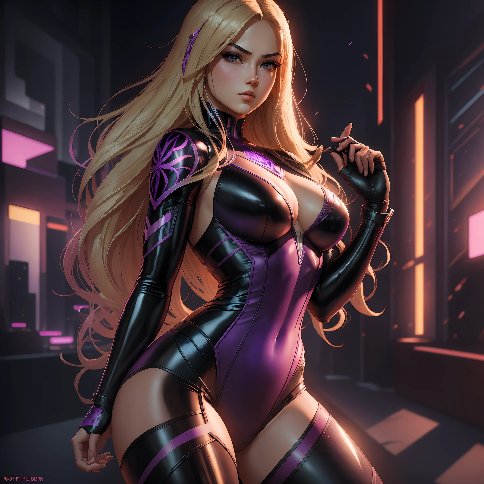 8k, realistic, attractive, very detailed, a 25-year-old girl in a psylocke costume, she is psylocke, superhero theme, long blonde hair, 25 years old, full body, ray traced image of Arthur Pan, trend in Artstation, digital art, psylocke, red and cinematic lights, dramatic shadows and beautiful vibrant colors The color captures the scene. Romantic art style, intricately detailed woman, intricately detailed woman, latex, thick thighs, full body, medium chest --auto --s2