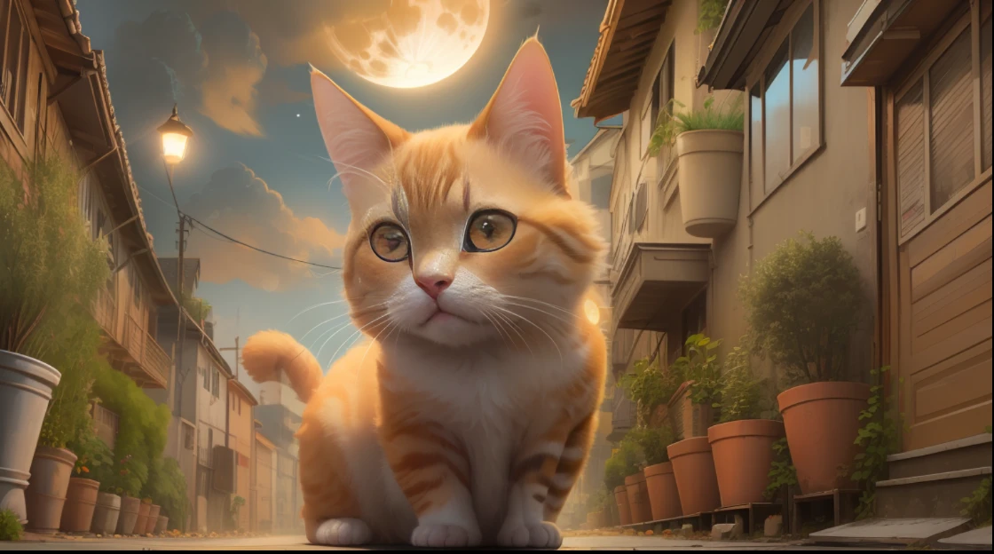 cat, orange, cute, big eyes, masterpiece, full moon, alley