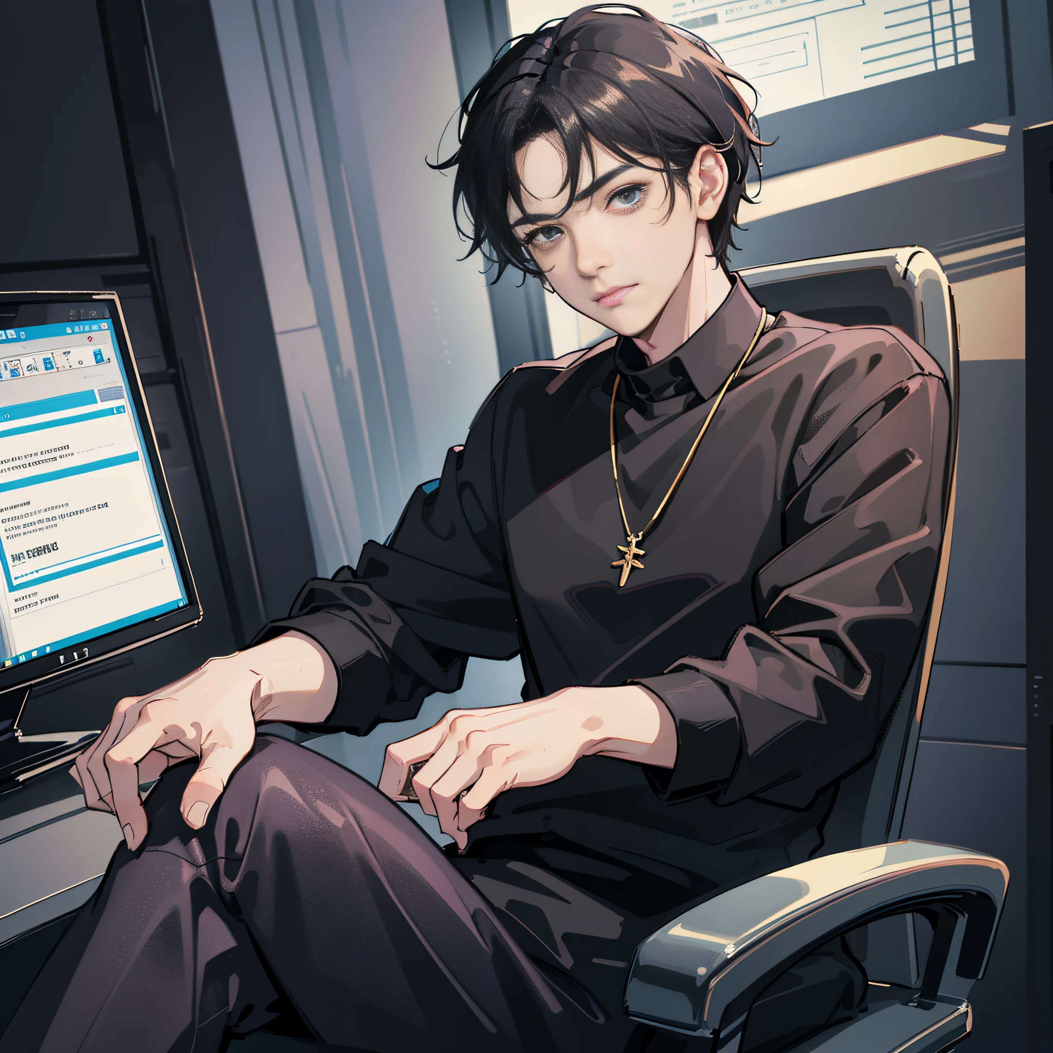 A man 18 years old, black shirt, sitting in office chair, selfie, looking at the camera, (sitting in a luxurious boss chair), only showing the upper body, looking at the camera, front view, wide angle, (super intricate details), (super detailed CG: 1.2), anime art style,