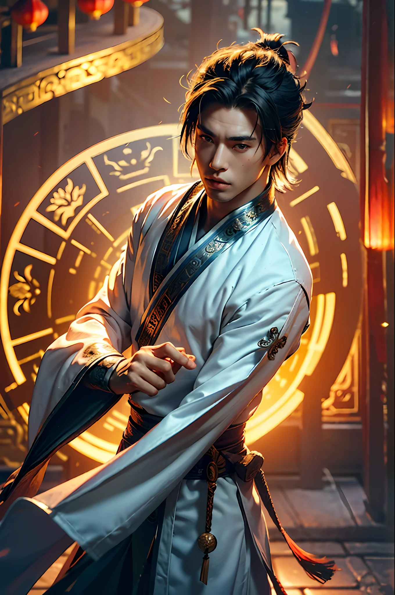 Best Quality, Masterpiece, Ultra High Resolution, (Realistic: 1.4), Xiuxian, Weapon, Detail Face, 1 Boy, Solo, Weapon, (Magic Circle: 1.2), Xiuxian, Upper Body, Beautiful Boy, ((((Varied Handsome)))), Full Body, East Asian Architecture, Sheath, Building,