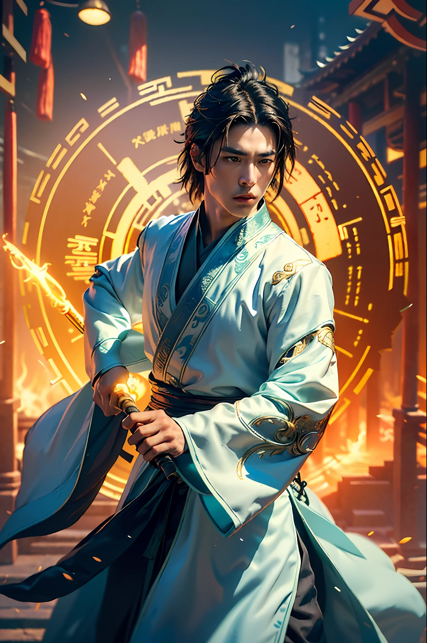 Best Quality, Masterpiece, Ultra High Resolution, (Realistic: 1.4), Xiuxian, Weapon, Detail Face, 1 Boy, Solo, Weapon, (Magic Circle: 1.2), Xiuxian, Upper Body, Beautiful Boy, ((((Varied Handsome)))), Full Body, East Asian Architecture, Sheath, Building,