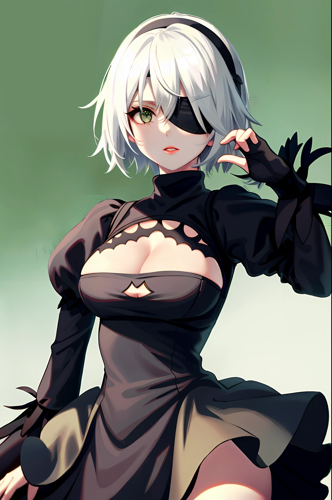 Yoha No. 2 Type B, 1Girl, WLOP, (Blindfolded), Breasts, cleavage, cleavage cutout, Dress cutout, Green background, Hair between the eyes, Headband, High Resolution, Juliet Sleeves, Long Sleeves, Nier (Series), Nier Automata, Fluffy Sleeves, Red Lips, Shadow Face, Short Hair, Solo, Turtleneck Sweater, Avatar, White Hair, Sky