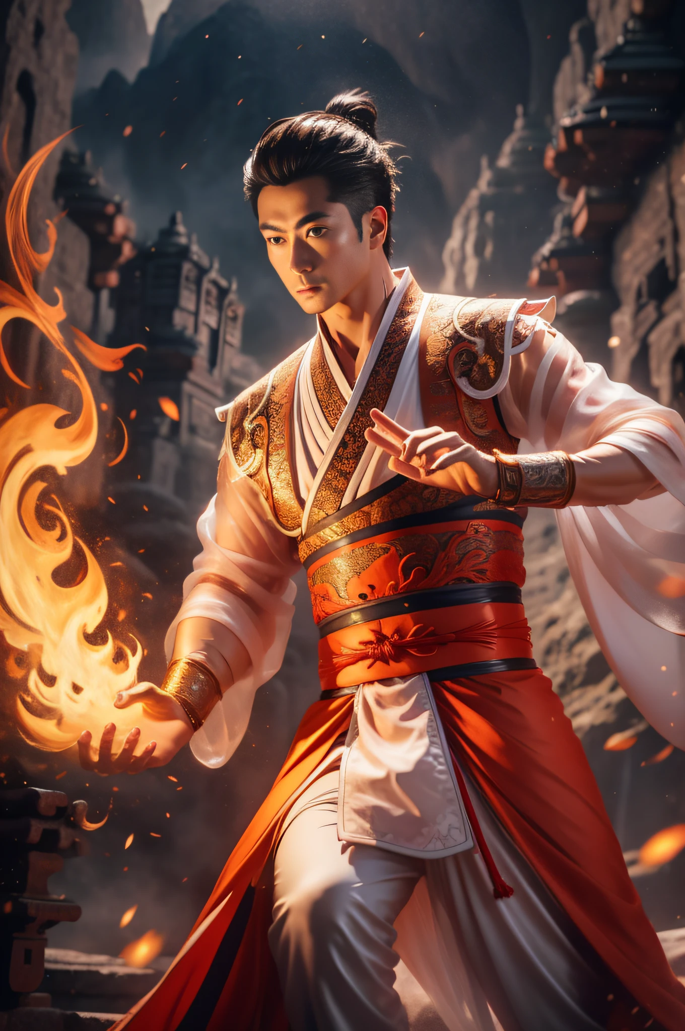 Handsome guy, 25 years old, Asian, master work, best picture quality, higher quality, high detail, super high resolution, (realistic: 1.4) 8k resolution, delicate facial features, boys, big muscles, tattoos, glowing eyes, short hair, hair details, (full body: 0.6), detailed background , [[Look away, look to the side, emphasize ity and pay attention to every detail , open Hanfu transparent tulle jacket, white rubber pants, circling dragon, Chinese garden background ((((crotch bulge))))), flame, Fire Spells, Fire Fighting, Chinese Kung Fu, Fingerless Gauntlet, Wristband, Dragon Theme Costume, Monk Robe,ating Floating Particles, Dynamic Composition, Burning Building Background