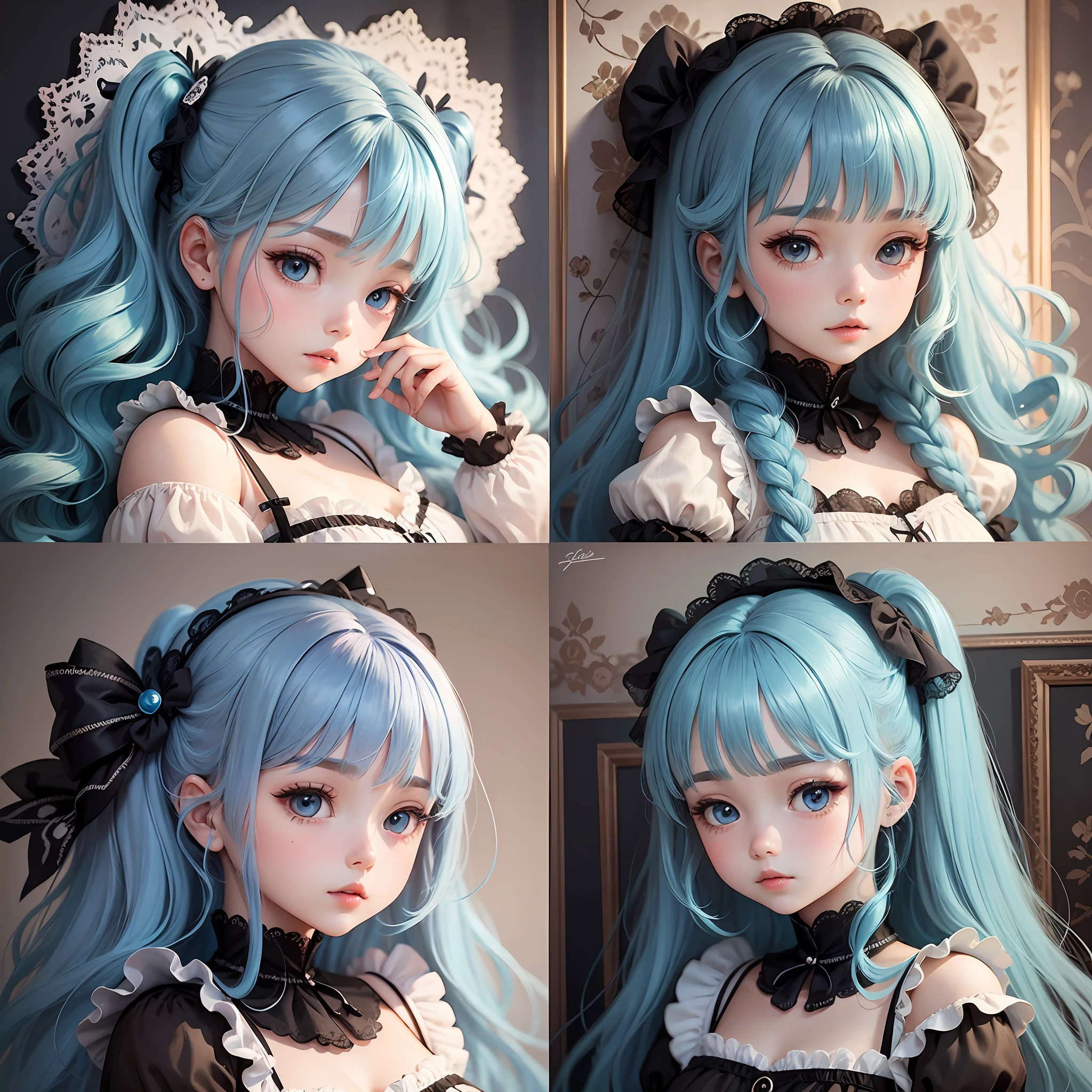 Three illustrations with different perspectives, showing a doll, front, side, back, doll blue hair, round face, beautiful, --auto --s2