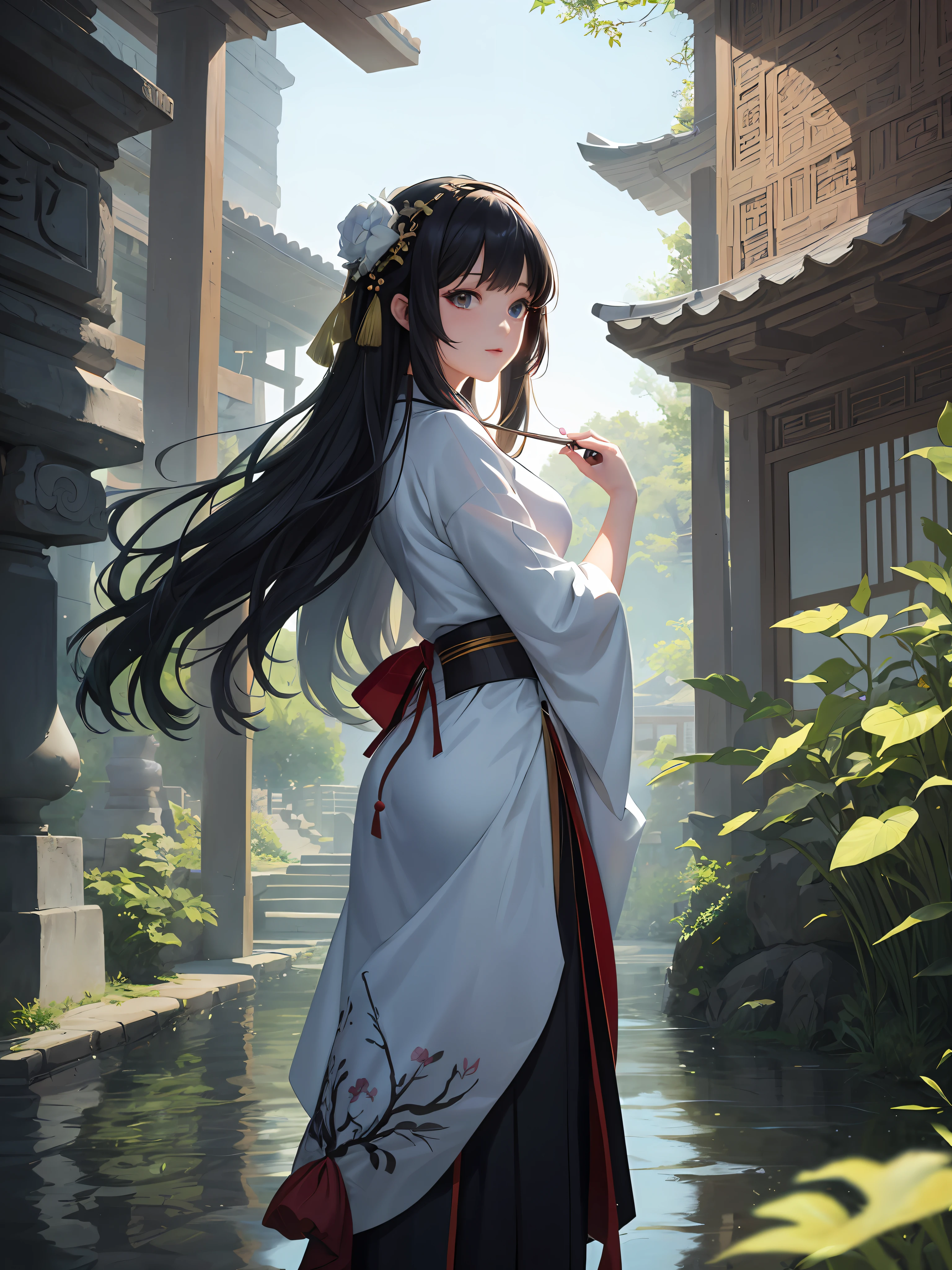 2.5d girl in Hanfu standing in valley, ancient Chinese temple, girl in Hanfu, Yang J, Alice X. Zhang, beautiful figure painting, extremely detailed art germ, Guwiz on Pixiv art station, Ross Tran 8 K, Guwiz on art station pixiv, strong three-dimensional, cinematic lighting, wide angle, 35mm, flowing, sexy