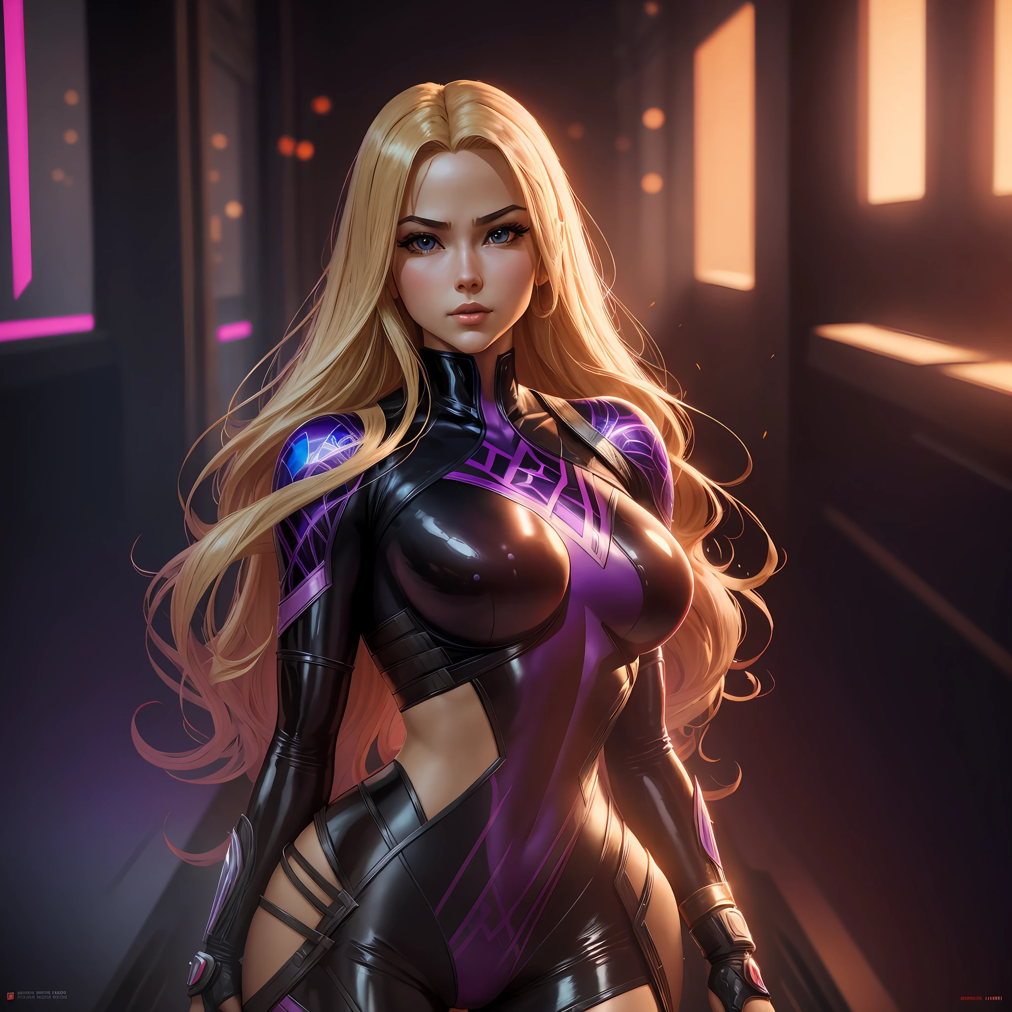 8k, realistic, attractive, very detailed, a 25-year-old girl in a psylocke costume, she is psylocke, superhero theme, long blonde hair, 25 years old, full body, ray traced image of Arthur Pan, trend in Artstation, digital art, psylocke, red and cinematic lights, dramatic shadows and beautiful vibrant colors The color captures the scene. Romantic art style, intricately detailed woman, intricately detailed woman, latex, thick thighs, full body, medium chest --auto --s2