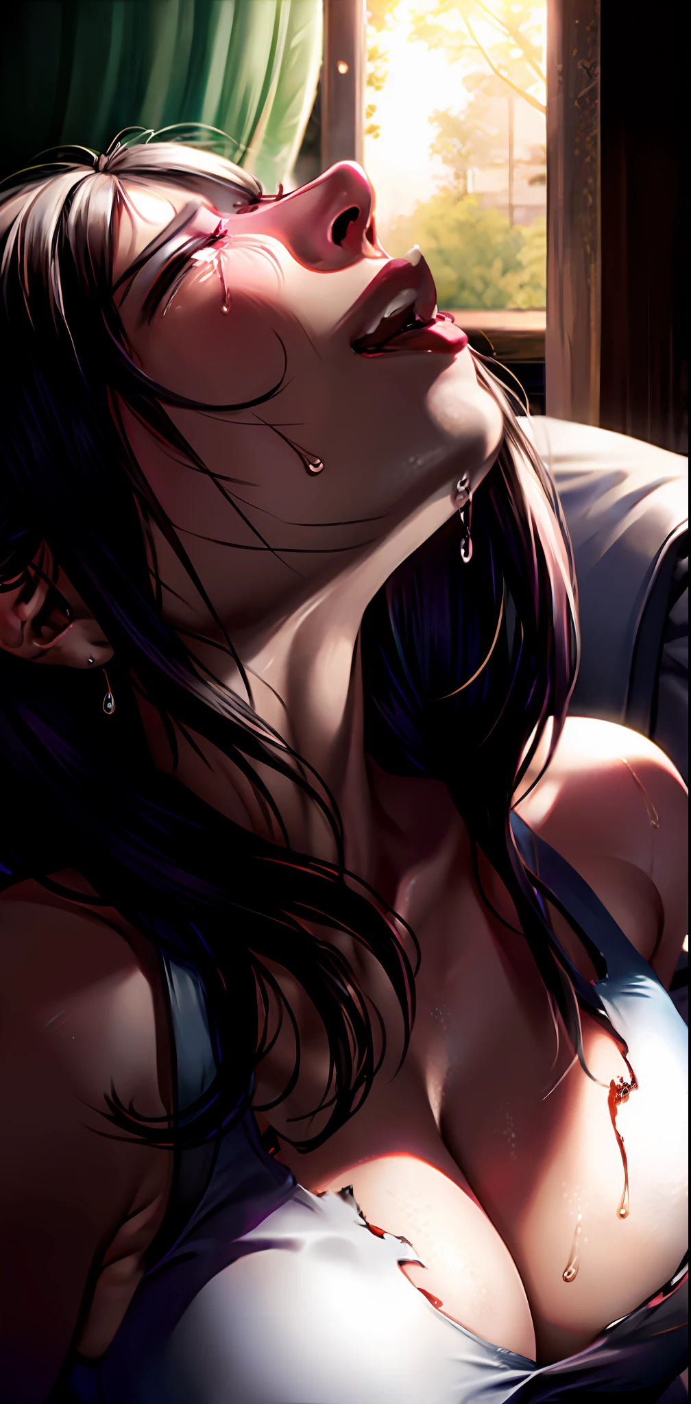 Moaning in pain, feeling pain, tearing, sore, crying, bust botox, sleeping beauty on back, wet skin and hair, hard breasts, black hair,  (White shirt, naked lower body, torn, mid-chest torn shirt, no underwear, shirt covers Live ass), (make her tifa:1.5), perfect body, open (perfect body, small ke), fashion realistic, high-definition sysie details, photography , sharpness, unique 850 4, koda850 k portrait camera, f1.6 lens, rich colors, super realistic texture, spectacular light texture, surreal art, Cinestil 800 fashion mechanism, scared to tears, full of tears, obey the pain, moan in pain, grimace in pain, ahegao, head back