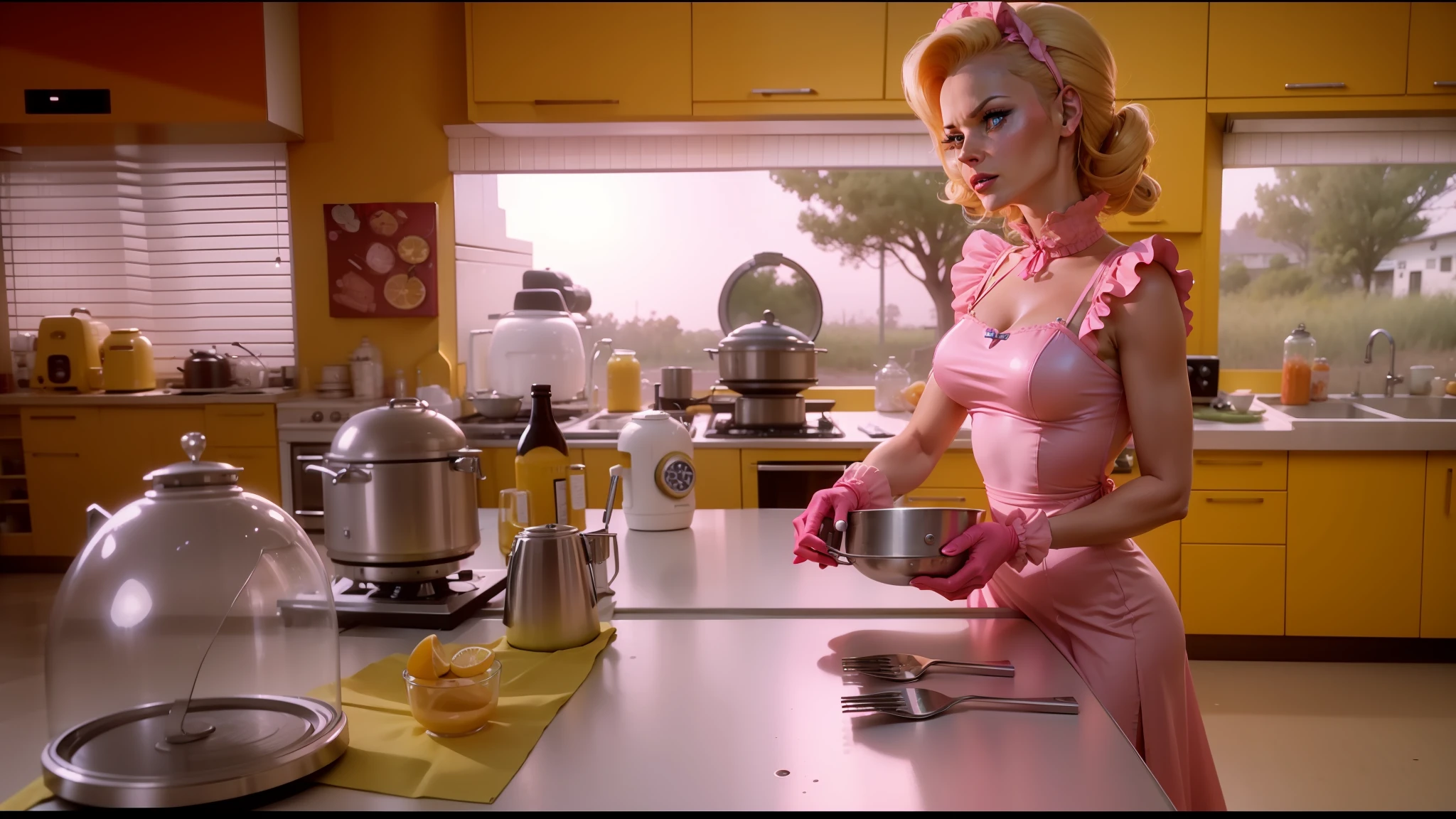 arafed woman in pink dress preparing food in kitchen with yellow cabinets, mars attacks, unreal engine. retro film still, top lid, pamela anderson, wearing a nightgown, radios, latex dress, in breaking bad, television still, wearing a lemon, 5 0 s, lolita --auto --s2
