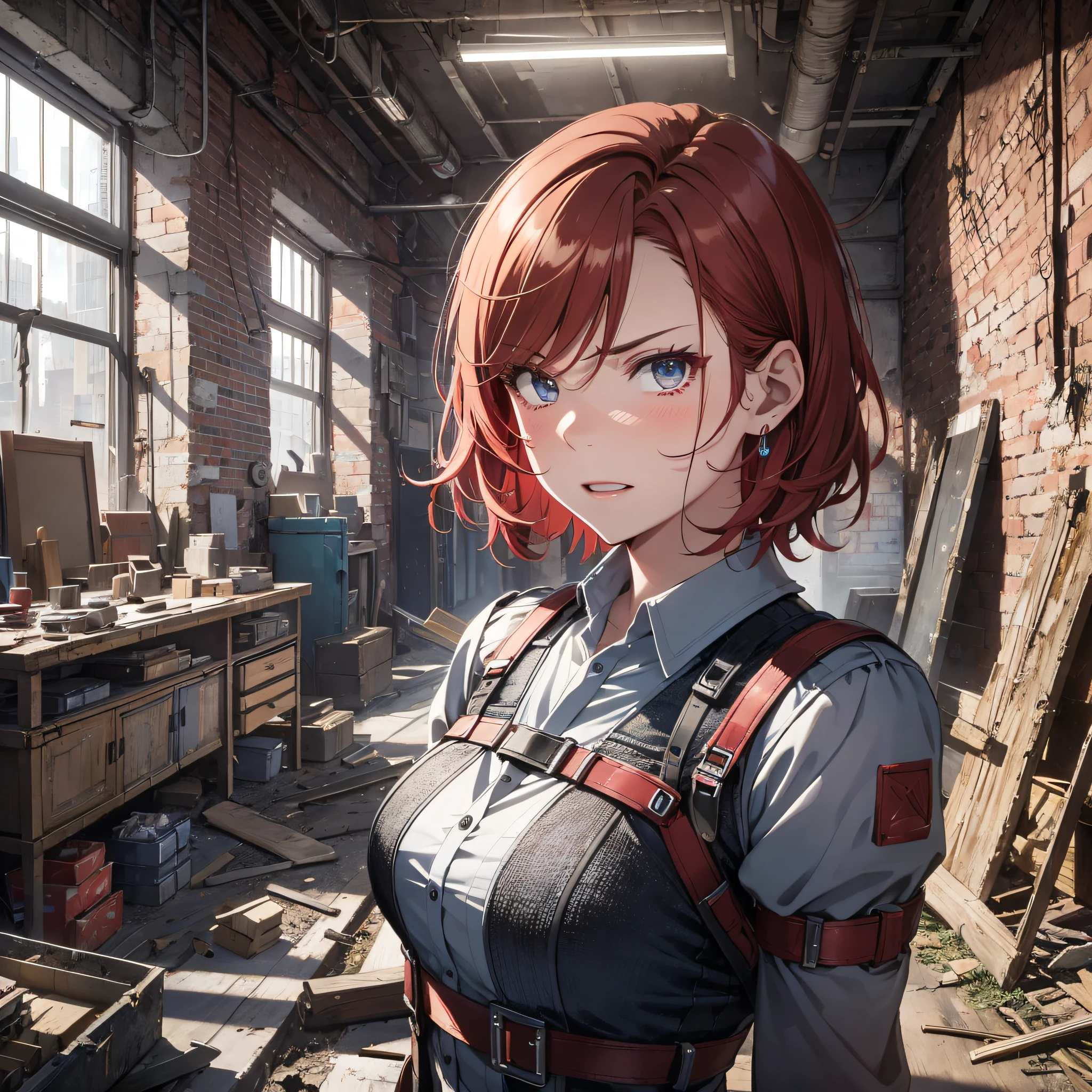 Absurd resolution, high resolution, (masterpiece: 1.4), hyper-detail, inside an abandoned factory, 1 young woman, short red hair, fashion clothes, rich princess, blushing and angry expression, high-tech workbench, tech-sense screen, a lot of tech robotic arms