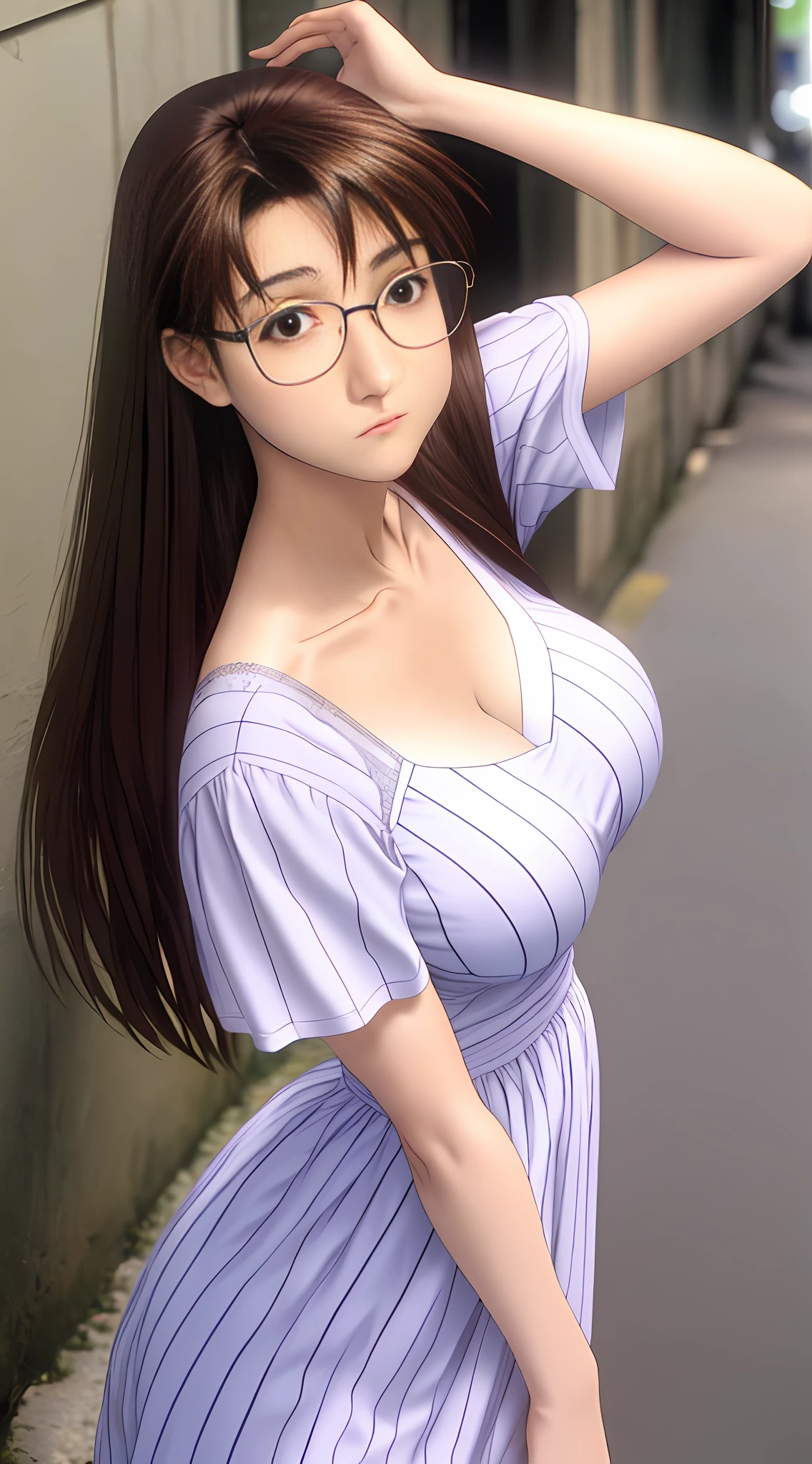 Koyomi Mizuhara, long brunette hair, glasses, bra, huge breasts, cleavage, huge ass, skinny waist line, alleyway background, Tight skimpy dress, sexy backside view, dress wedgie