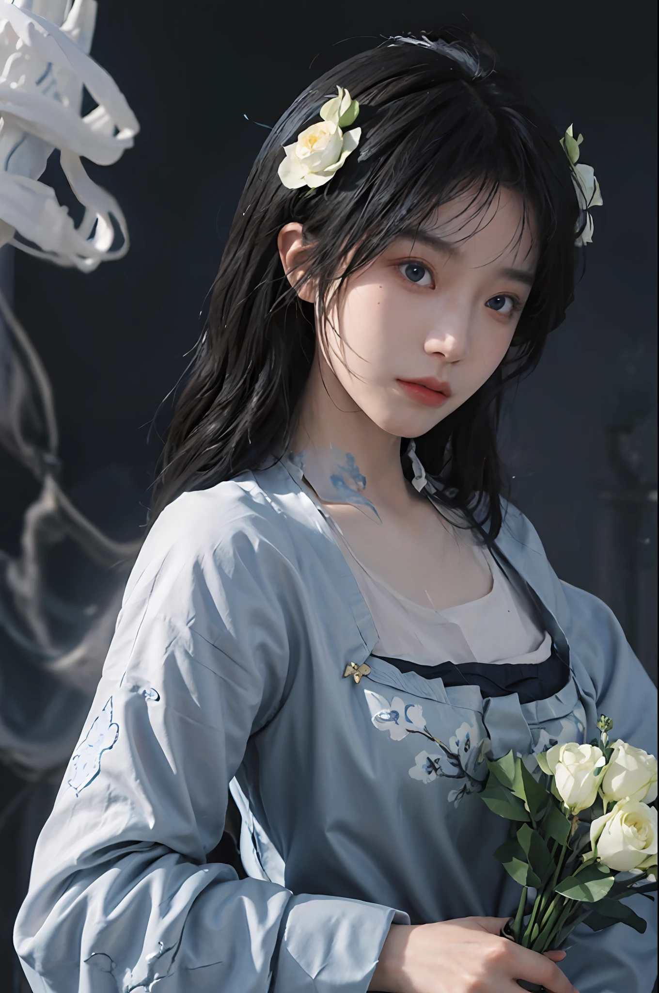 (((beautiful painting))), best quality, high detail CG unity 8k wallpaper, extremely detailed, a female ghost, blue and white face, blue eyes, long black hair, silk clothes, connective band, (a bouquet of incense), smoky , night, panicked eyes, dark background.