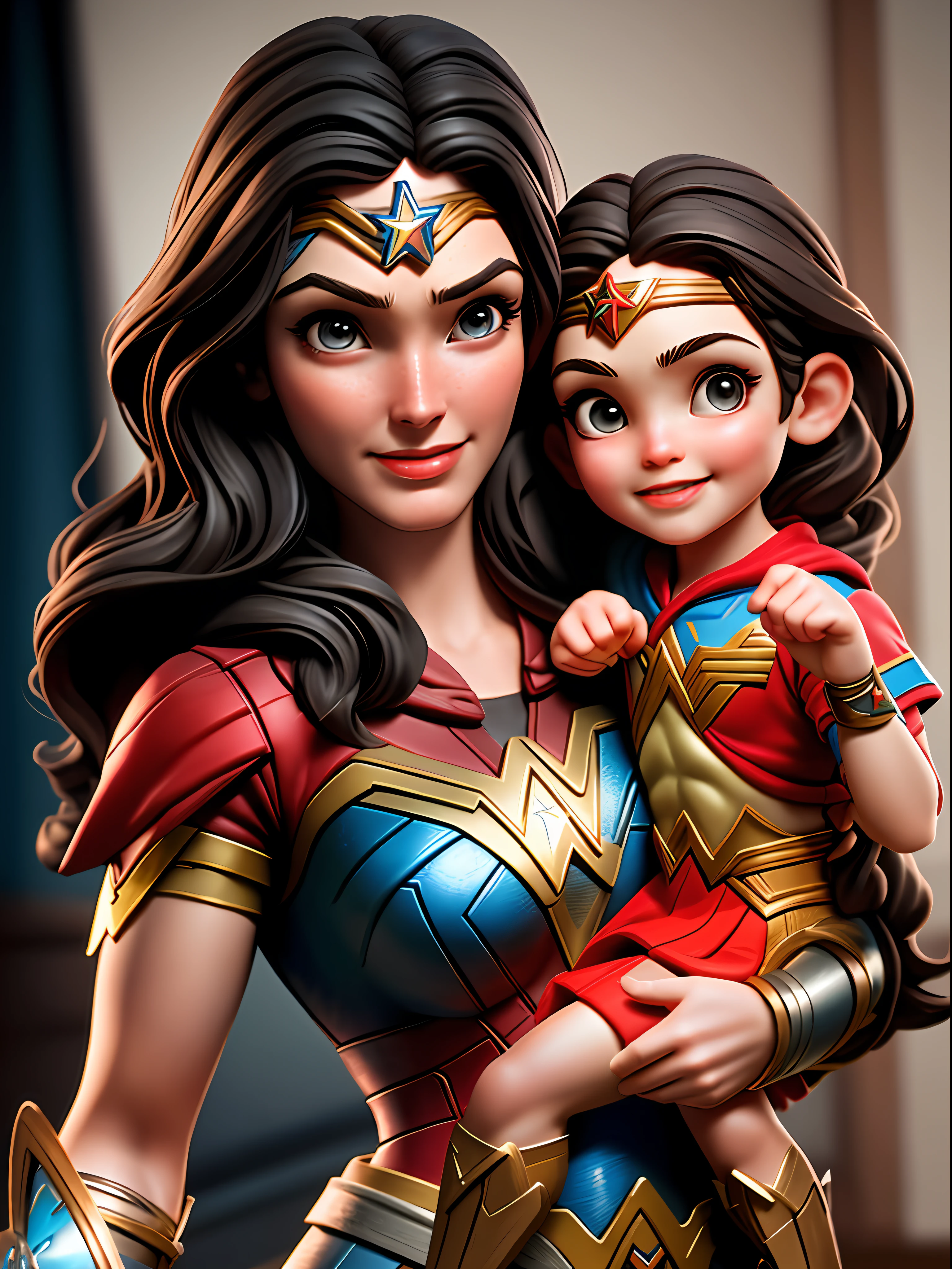 a photo of Happy Wonder Woman and her daughter, Masterpiece, Best Quality, super detailed, Octane Render, detailed fingers