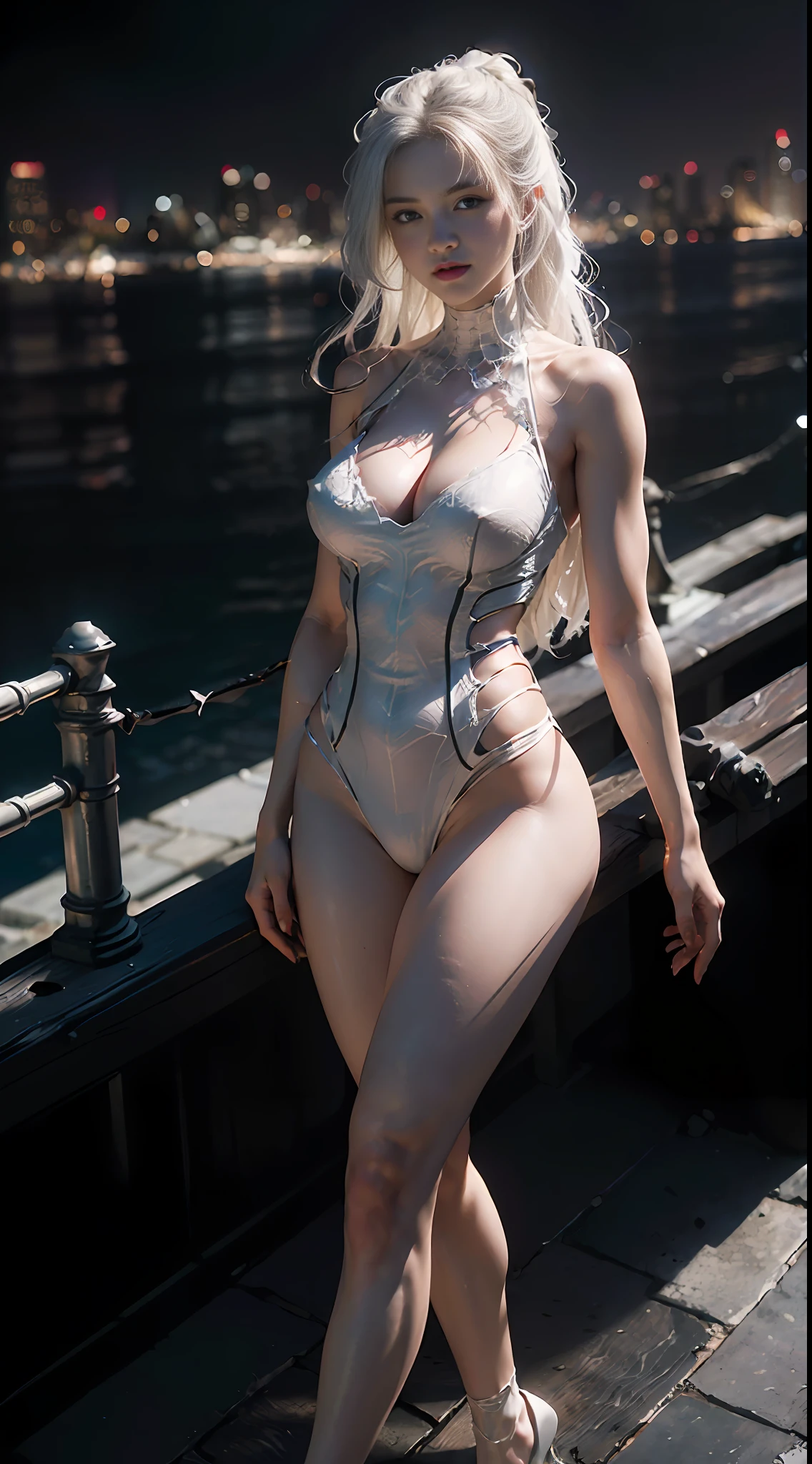 (Extreme Detail CG Unity 8K wallpaper, masterpiece, highest quality), (exquisite lighting and shadows, very dramatic graphics, cinematic lens effects), (girl in white Spider-Man costume, from parallel universe, city skyline in background, night view,, cleavage, slender thighs, dynamic pose), (excellent detail, outstanding lighting, wide angle), (excellent rendering, enough to stand out in its class)