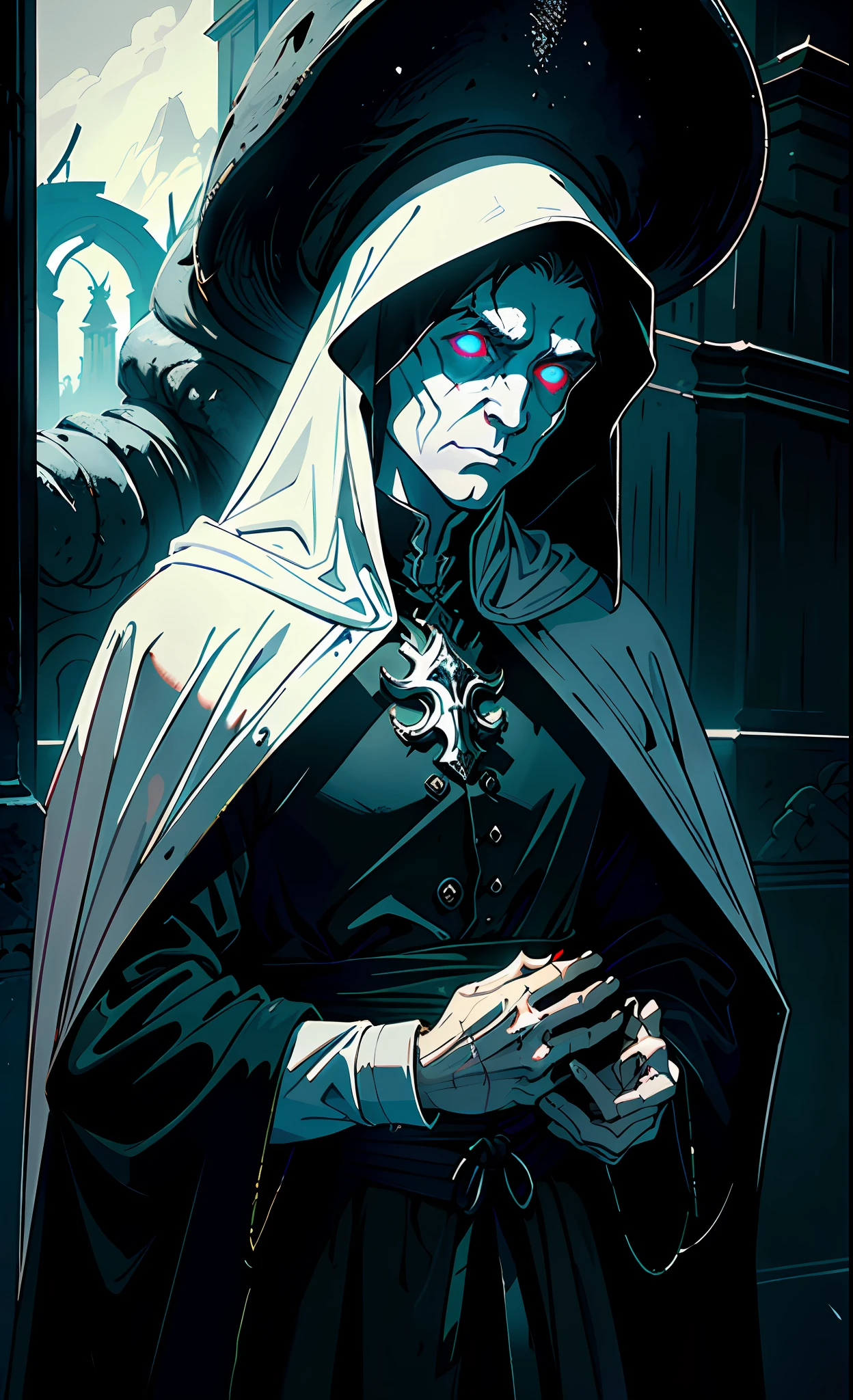 (peerless masterpiece), high-quality picture quality, mysterious, terrifying dark tones, strong chiaroscuro, in the (white impermanent) perspective, his flashing eyes, miserable white face and wrapped black cassock are very distinct, the rock wall is dark, in the looming cemetery, pale hands and claws on the stone pillars, exuding an eerie atmosphere.