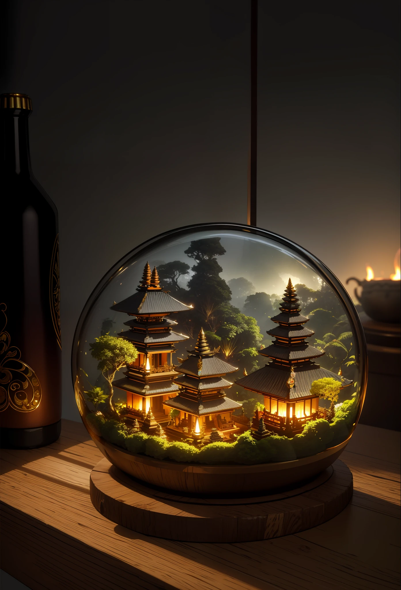 (An intricate Bali forest minitown landscape trapped in a bottle), atmospheric oliva lighting, on the  table, 4k UHD, dark vibes, hyper detailed, vibrant colours, epic composition, octane render, sharp focus, high resolution isometric