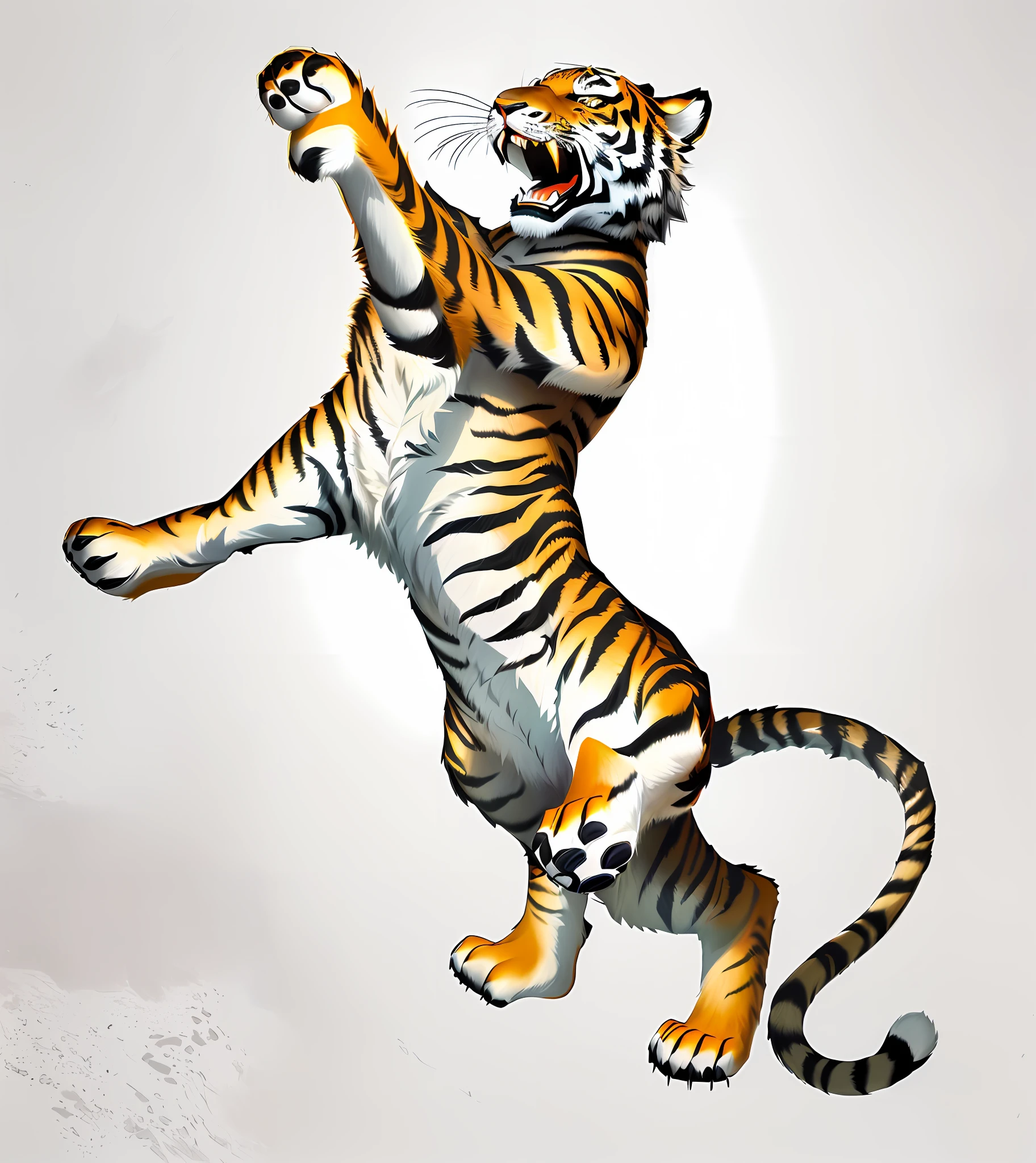 there is a tiger that is jumping in the air, anthropomorphic tiger, ((tiger)), detailed tiger, realistic, high definition, tiger, a tiger, tiger_beast, painted in high resolution, digitally painted, highly detailed digital painting, tigers, sacred tiger, half tiger, inspired by Augustin Meinrad Bächtiger, drawn with photoshop