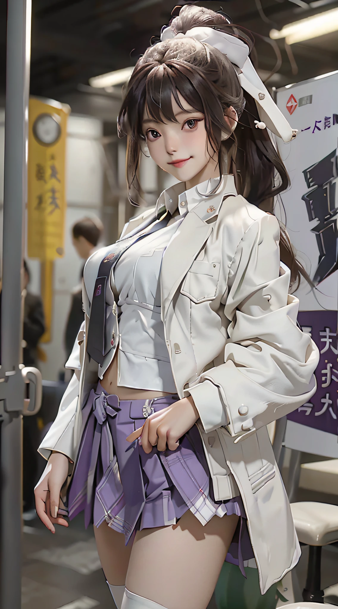 Masterpiece, Best Quality, High Resolution, Kaede Higuchi, 1girl, Virtual YouTuber, Solo, Long Hair, Mole Under Eyes, Skirt, Tie, Jacket, Purple Eyes, Socks, Ponytail, Hair Accessories, White Bow, Blazer, Very Long Hair, Purple Tie, Pleated Skirt, White Socks, Hairpins, Open Clothes, Cardigan, School Uniform, Knee-Length Pants, White Hair, Black Jacket, Shirt, Collared Shirt, Plaid Jacket, Plaid Jacket, Bunches, Plaid Skirt, Miniskirt, Tachi- e、White shirt, long sleeves, gray skirt, bursting breasts, plaid tie, standing posture, denim photo, smile,