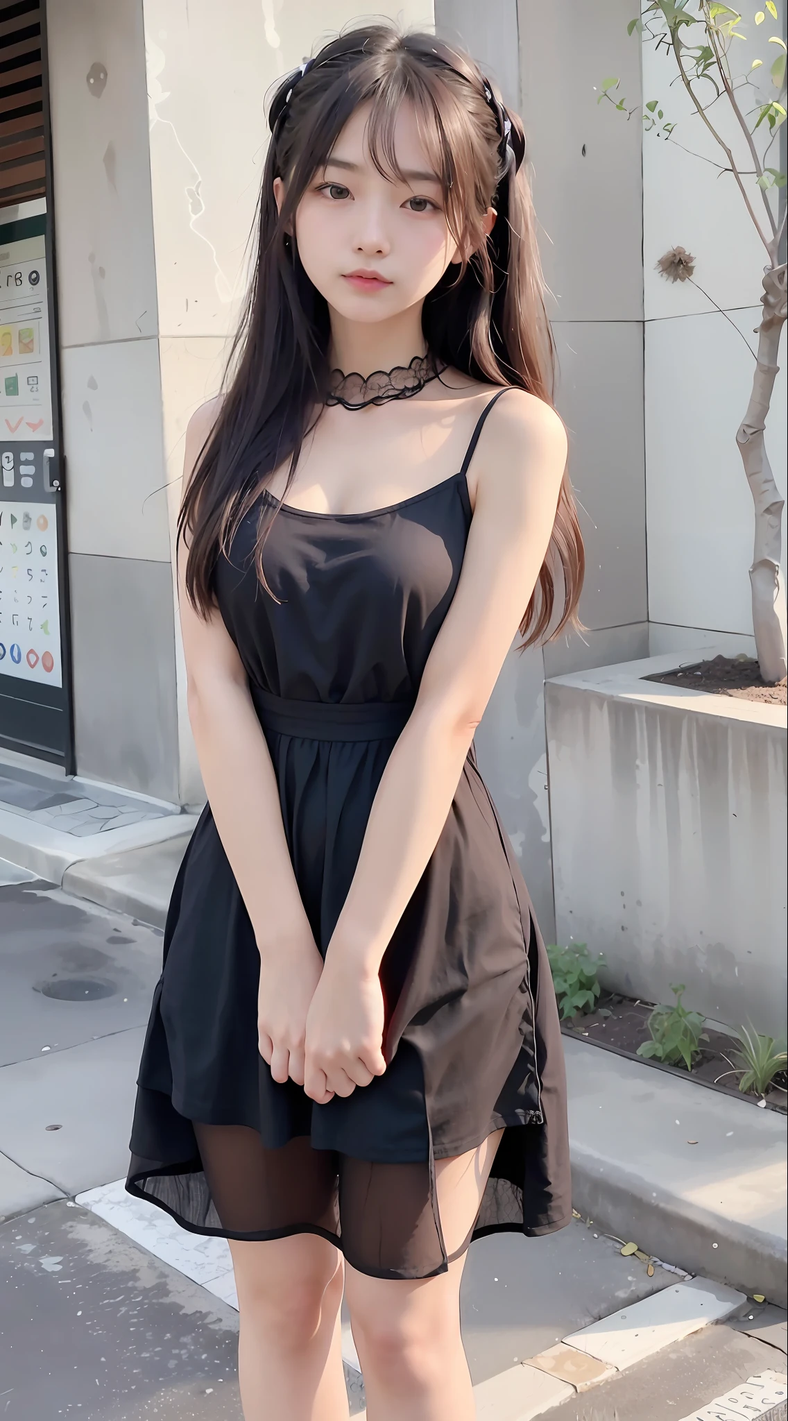 (Top Quality, 8K, Masterpiece: 1.3)), (1 person: 1.4), 1girl, Japan woman, Goddess, 15 years old, portrait photography, high contrast, divine perspective, aperture F1.2, focal length 24mm, (full body: 1.2), smile, photo pose, fine lace, slip dress, simple cut dress, brand dress, simple cut, long black hair, hair tying, ultra detailed skin details, Detailed fabric texture