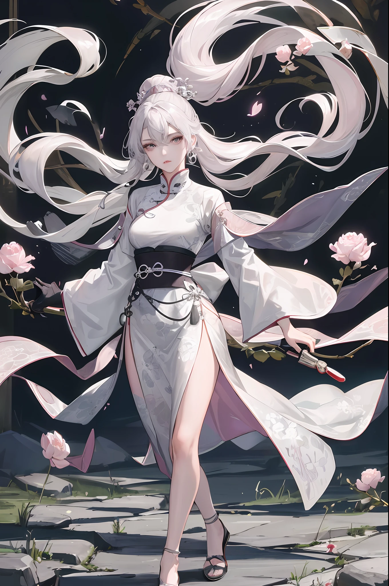 Masterpiece, Superb Product, Night, Full Moon, 1 Woman, Mature Woman, Chinese Style, Ancient China, Full Body, Sister, Royal Sister, Cold Face, Expressionless, Silver-White Long-Haired Woman, Light Pink Lips, Calm, Intellectual, Three Bands, Gray Eyes, Assassin, Short Knife, Flower Ball Background, Walking Street View