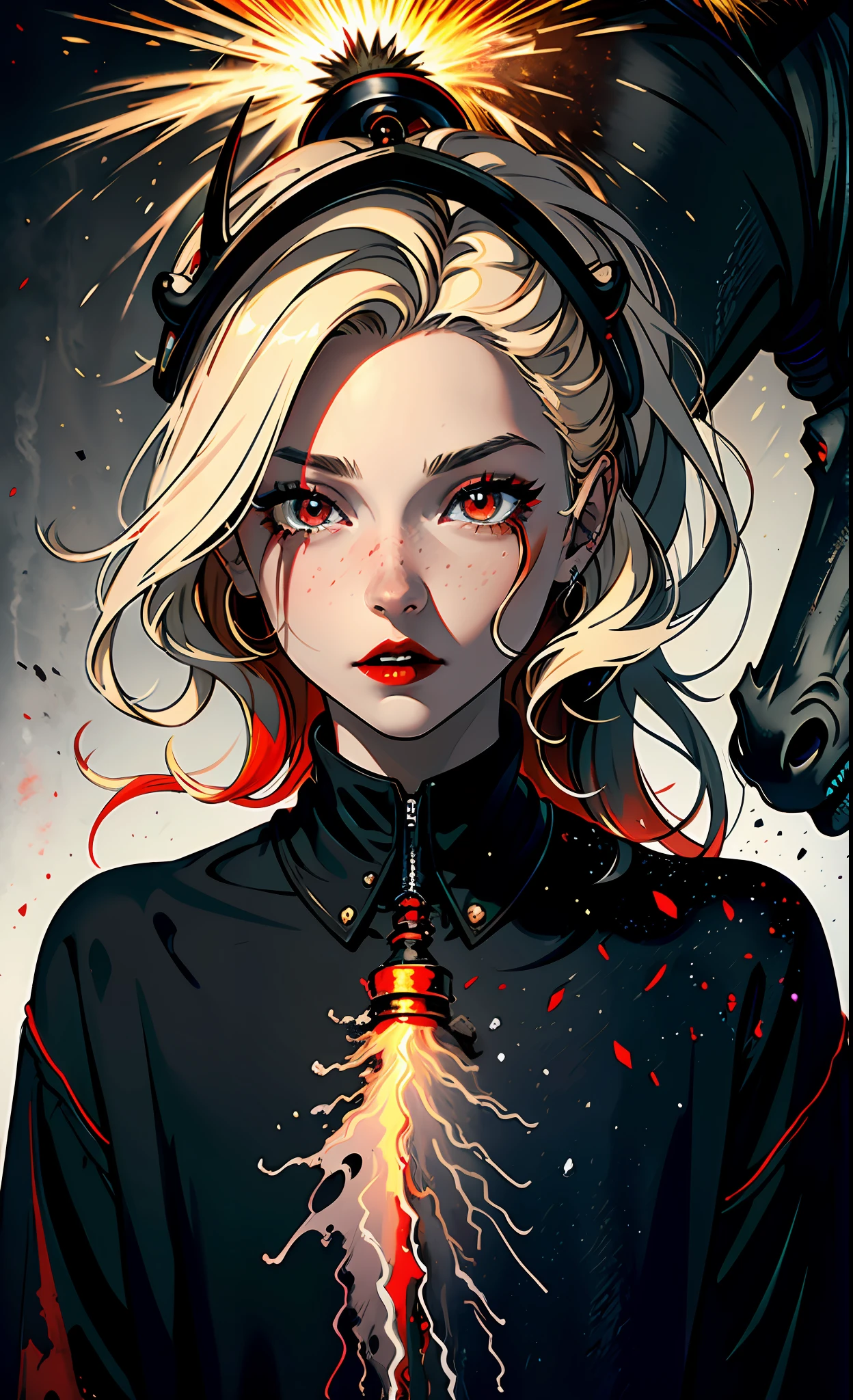 (Dark Oil Painting HD Wallpaper, Impermanence, Close-up), Blonde Boy, Clean and Neat Red Sweatshirt, Charcoal Red Lips, Exaggerated Gorgeous Eyelashes, Eerid Black Smoke, Hideous Steel Bone, Twin Judges, Left and Right Riding Black and White Horses respectively, Wild Expression, Fireworks Explosion, Red and Black.