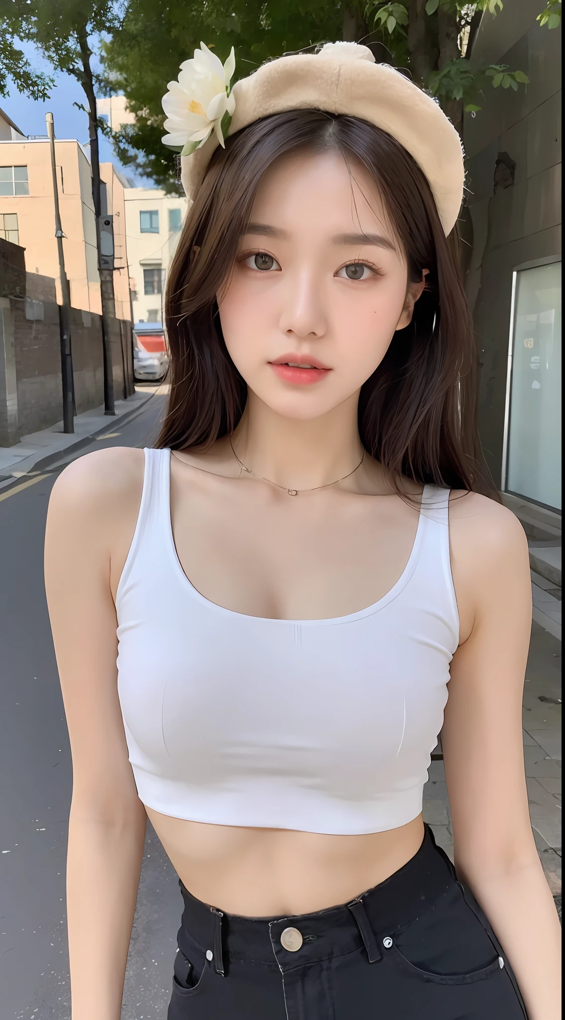 ((Best Quality, 8K, Masterpiece: 1.3)), (Flower Cap: 1.3), Focus: 1.2, Perfect Body Beauty: 1.4, Buttocks: 1.2, (Layered Haircut: 1.2)), (Dark Street: 1.3), Highly Detailed Face and Skin Texture, Full Body, Delicate Eyes, Double Eyelids, Whitened Skin, Long Hair, (Round Face: 1.5), (Loose Crop Top, Shorts: 1.6)