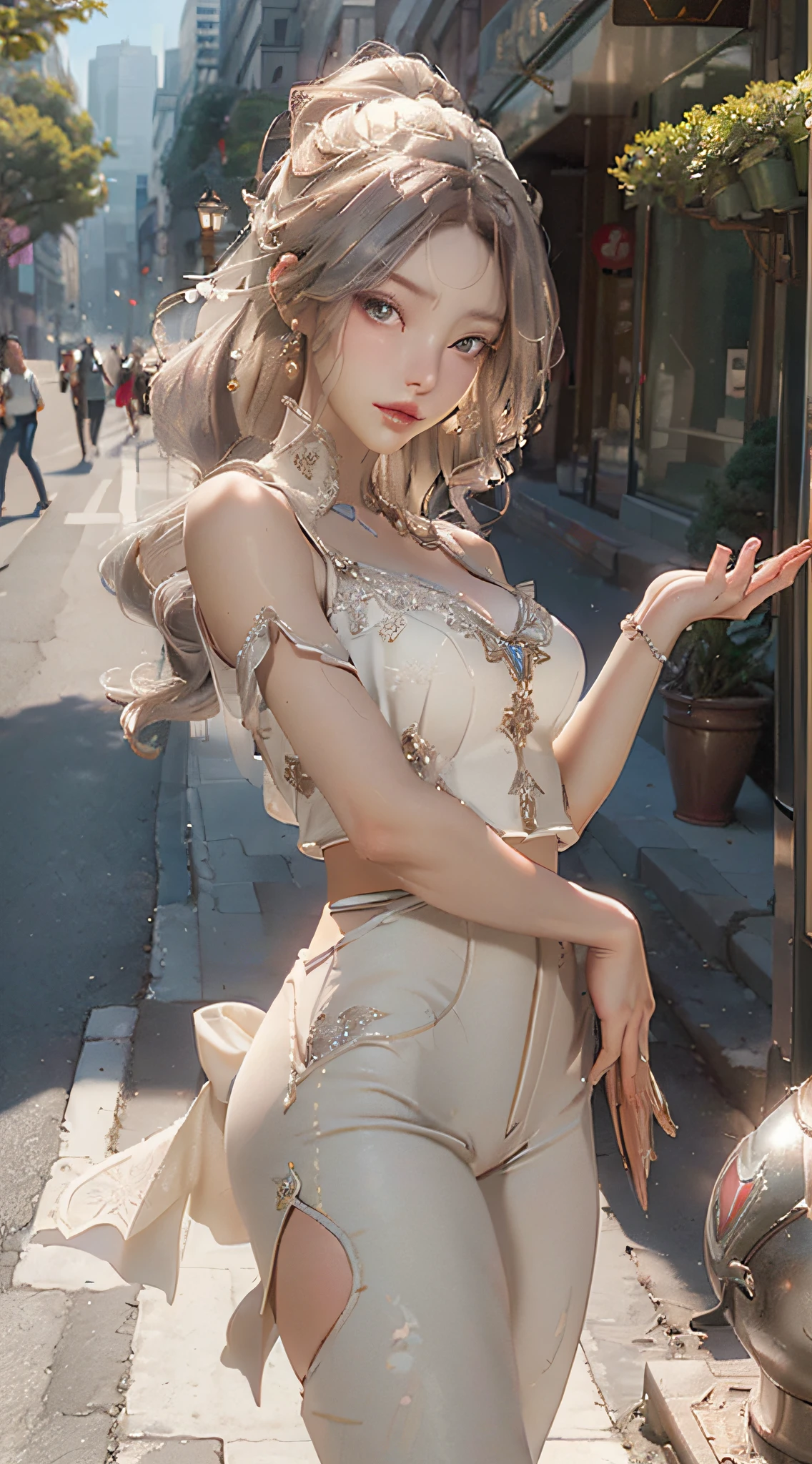 (Masterpiece, Superb Quality, Super Delicate, High Resolution), Perfect Face, Side Light, Radiant Skin, Standing, (Bloom), (Shine), Lighting, Ray Tracing, Hot Pants, Sci-Fi, City, Street, Outdoor, Depth of Field, Genshin Impact\, Silver Eyes, Hair Above One Eye, (Hair Accessory), Chest, High Heels, Long Hair, Water Whirlwind