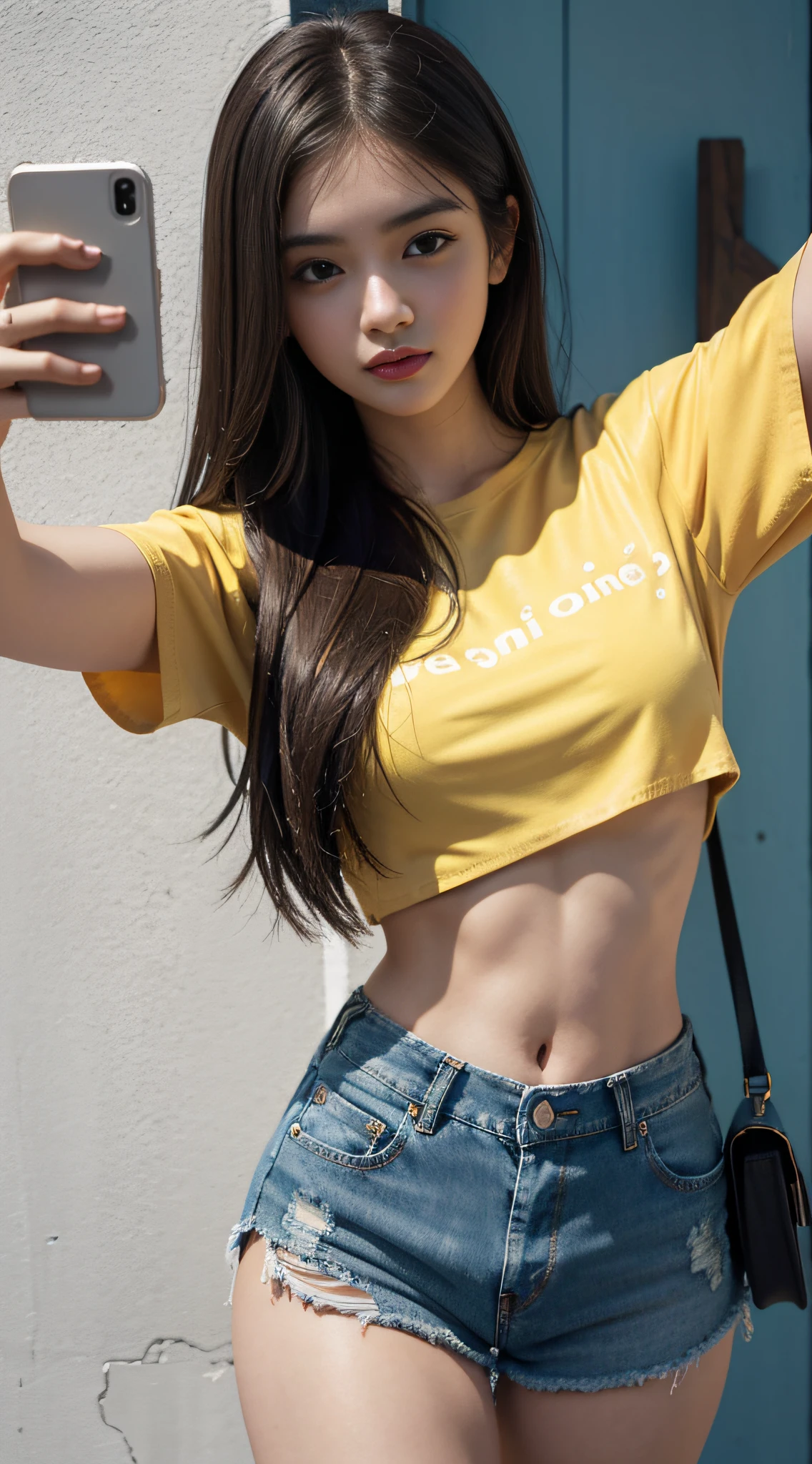 1 girl, solo, phone, shorts, iphone, long hair, denim, brunet, smartphone, midriff, navel, selfie, denim shorts, shorts, holding a phone, shirt, torn clothes, truncated, reality, holding, brown eyes, yellow shirt, crop top top, looking at the audience
