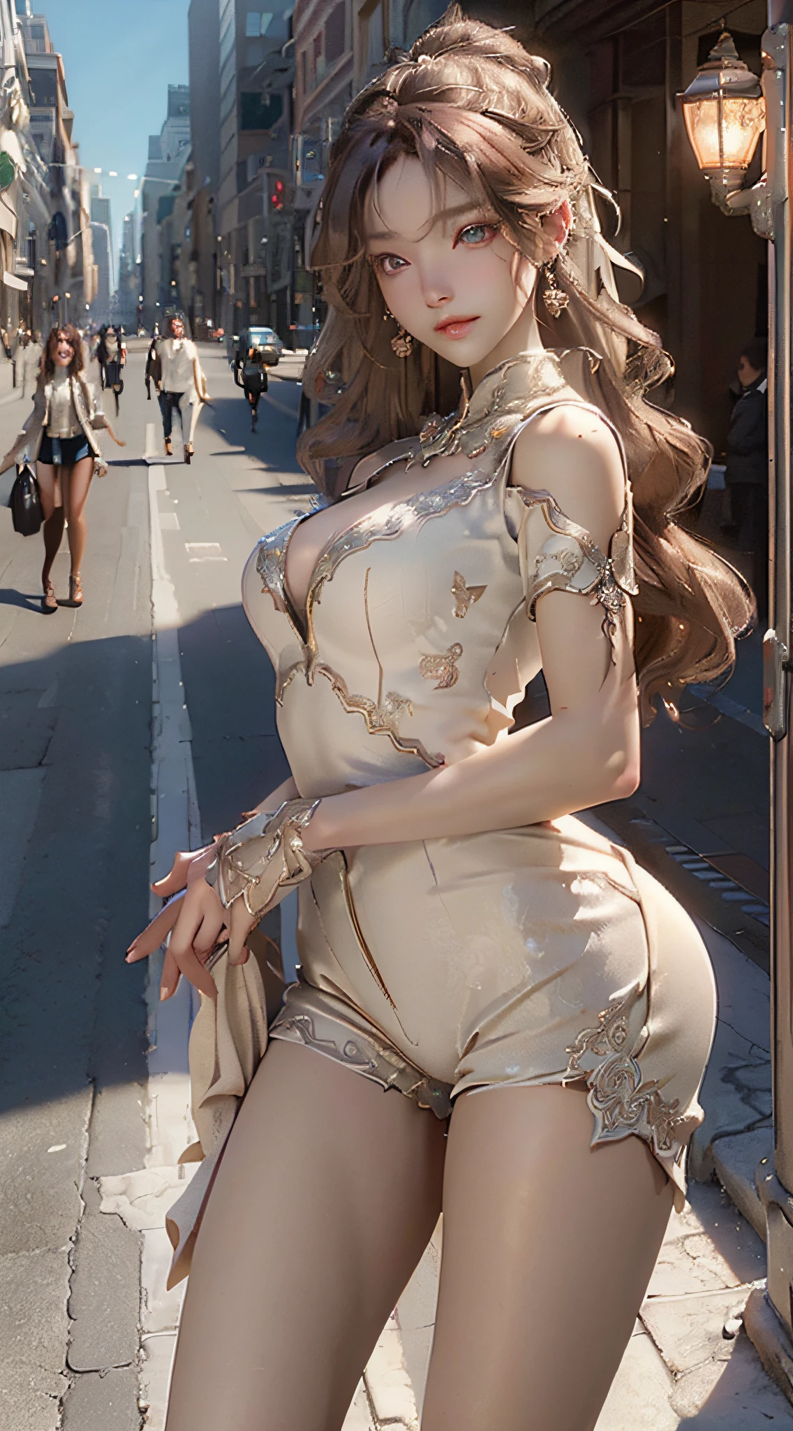 (Masterpiece, Superb Quality, Super Delicate, High Resolution), Perfect Face, Side Light, Radiant Skin, Standing, (Bloom), (Shine), Lighting, Ray Tracing, Hot Pants, Sci-Fi, City, Street, Outdoor, Depth of Field, Genshin Impact\, Silver Eyes, Hair Above One Eye, (Hair Accessory), Chest, High Heels, Long Hair, Water Whirlwind
