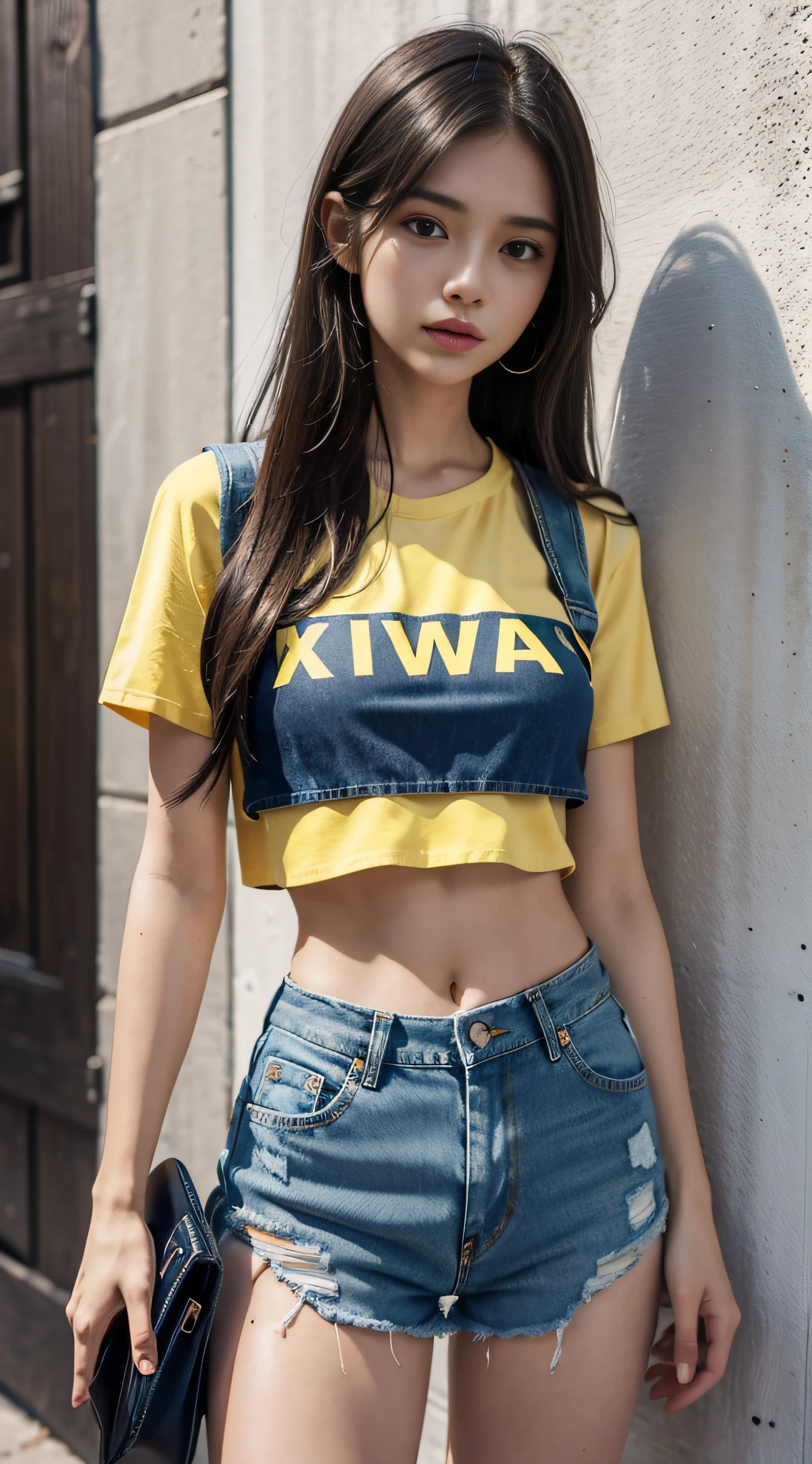 1 girl, solo, phone, shorts, iphone, long hair, denim, brunet, smartphone, midriff, navel, selfie, denim shorts, shorts, holding a phone, shirt, torn clothes, truncated, reality, holding, brown eyes, yellow shirt, crop top top, looking at the audience