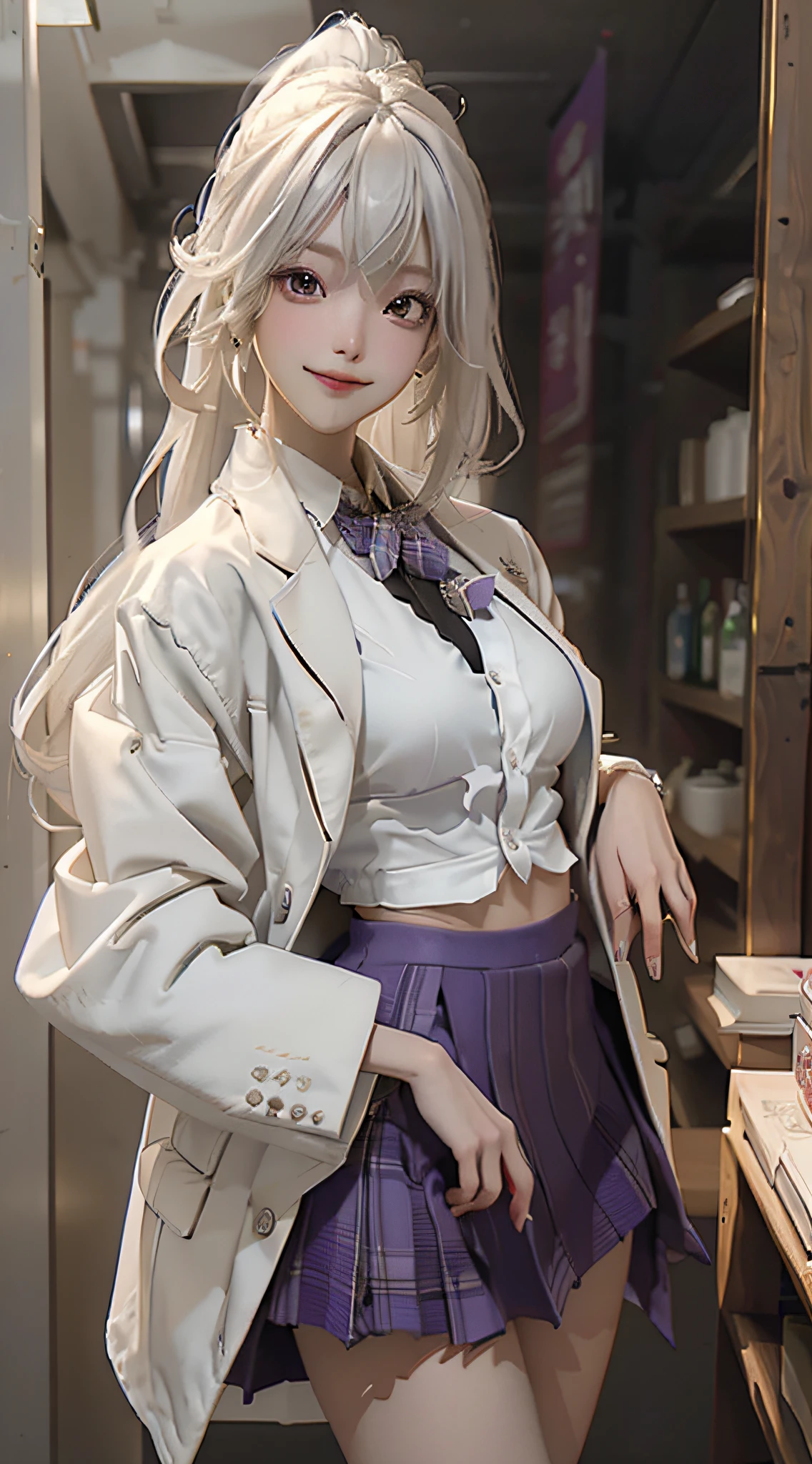 Masterpiece, Best Quality, High Resolution, Kaede Higuchi, 1girl, Virtual YouTuber, Solo, Long Hair, Mole Under Eyes, Skirt, Tie, Jacket, Purple Eyes, Socks, Ponytail, Hair Accessories, White Bow, Blazer, Very Long Hair, Purple Tie, Pleated Skirt, White Socks, Hairpins, Open Clothes, Cardigan, School Uniform, Knee-Length Pants, White Hair, Black Jacket, Shirt, Collared Shirt, Plaid Jacket, Plaid Jacket, Bunches, Plaid Skirt, Miniskirt, Tachi- e、White shirt, long sleeves, gray skirt, bursting breasts, plaid tie, standing posture, denim photo, smile,