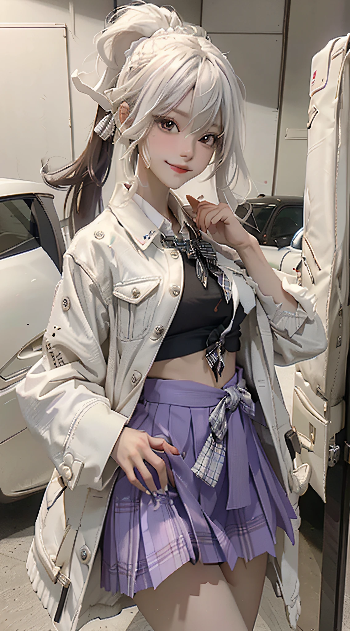 Masterpiece, Best Quality, High Resolution, Kaede Higuchi, 1girl, Virtual YouTuber, Solo, Long Hair, Mole Under Eyes, Skirt, Tie, Jacket, Purple Eyes, Socks, Ponytail, Hair Accessories, White Bow, Blazer, Very Long Hair, Purple Tie, Pleated Skirt, White Socks, Hairpins, Open Clothes, Cardigan, School Uniform, Knee-Length Pants, White Hair, Black Jacket, Shirt, Collared Shirt, Plaid Jacket, Plaid Jacket, Bunches, Plaid Skirt, Miniskirt, Tachi- e、White shirt, long sleeves, gray skirt, bursting breasts, plaid tie, standing posture, denim photo, smile,