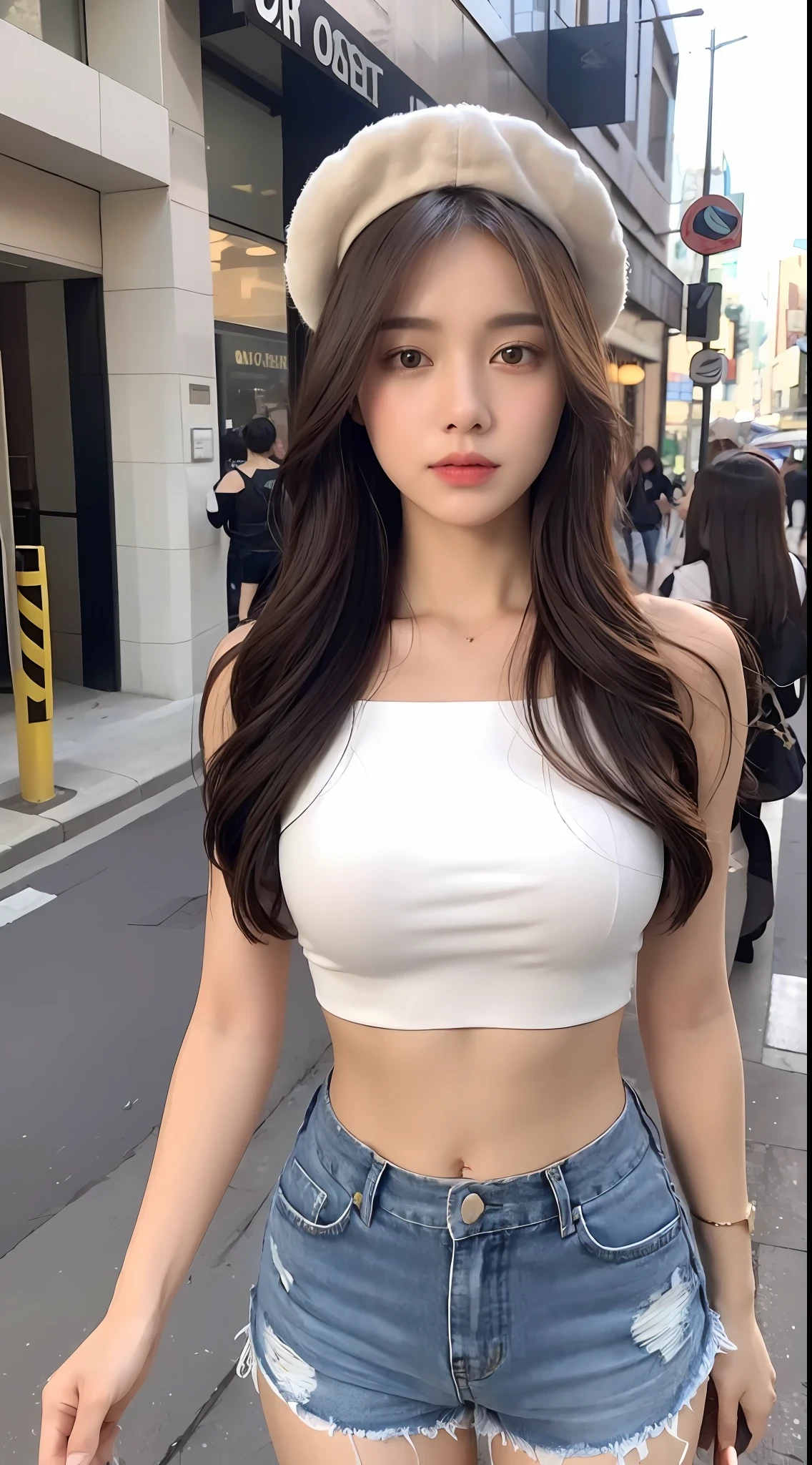 ((Best Quality, 8K, Masterpiece: 1.3)), (Flower Cap: 1.3), Focus: 1.2, Perfect Body Beauty: 1.4, Buttocks: 1.2, (Layered Haircut: 1.2)), (Dark Street: 1.3), Highly Detailed Face and Skin Texture, Full Body, Delicate Eyes, Double Eyelids, Whitened Skin, Long Hair, (Round Face: 1.5), (Loose Crop Top, Shorts: 1.6)