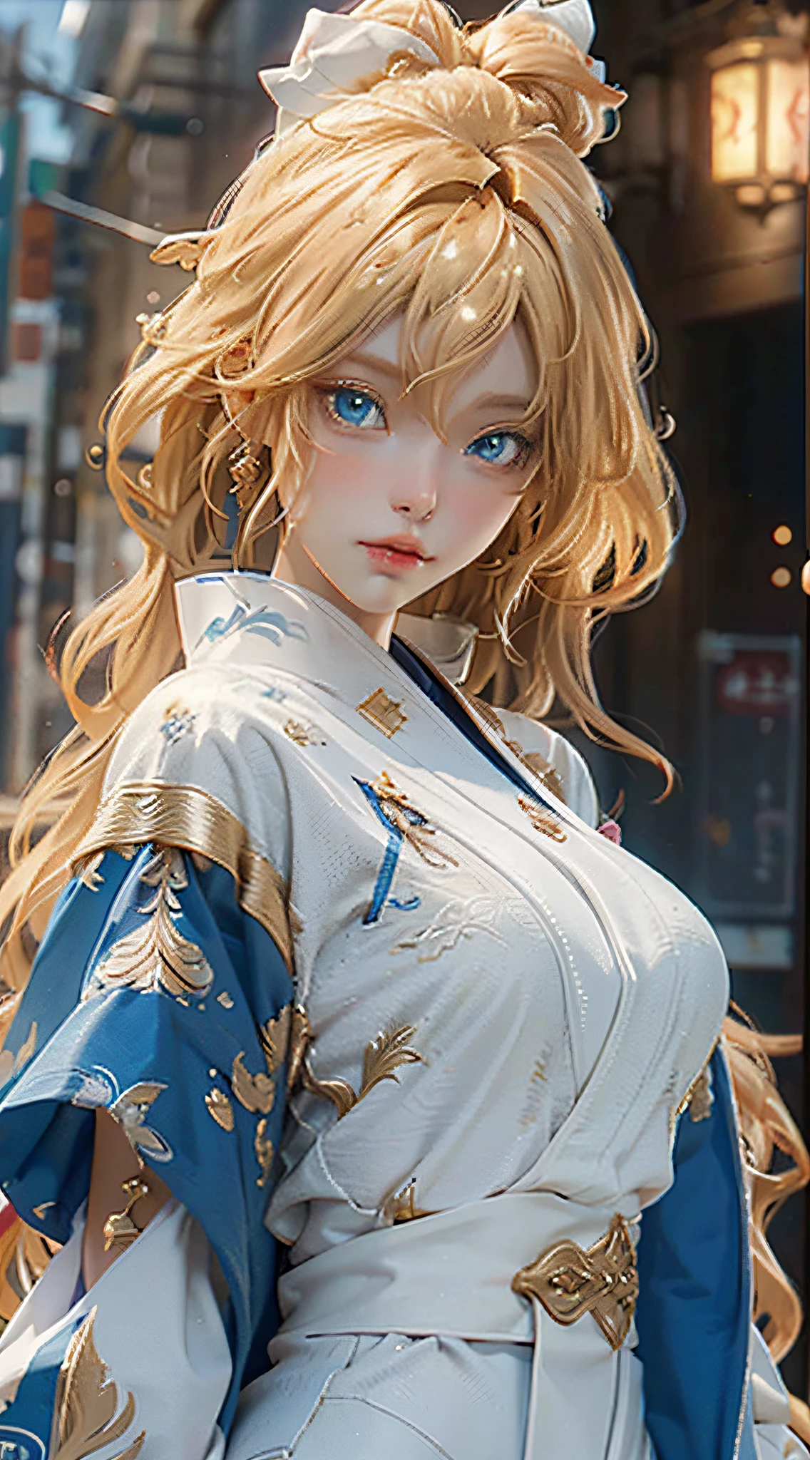Girl, golden flowing hair, blue eyes, White Imperial Outfit, anime