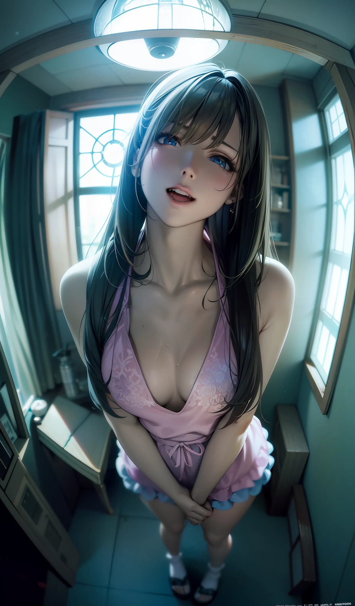 Masterpiece, high resolution, anime style beautiful girl, being in a dirty beaker, immersed in liquid, homunculus, magic circle, small room with phosphorescent flash, perfect beautiful girl, no clothes, luminous from within, staring at the viewer, laughter, 3d rendering, perspective, amazing anime illustration, impressive lighting, fantastic, dangerous, monstrous