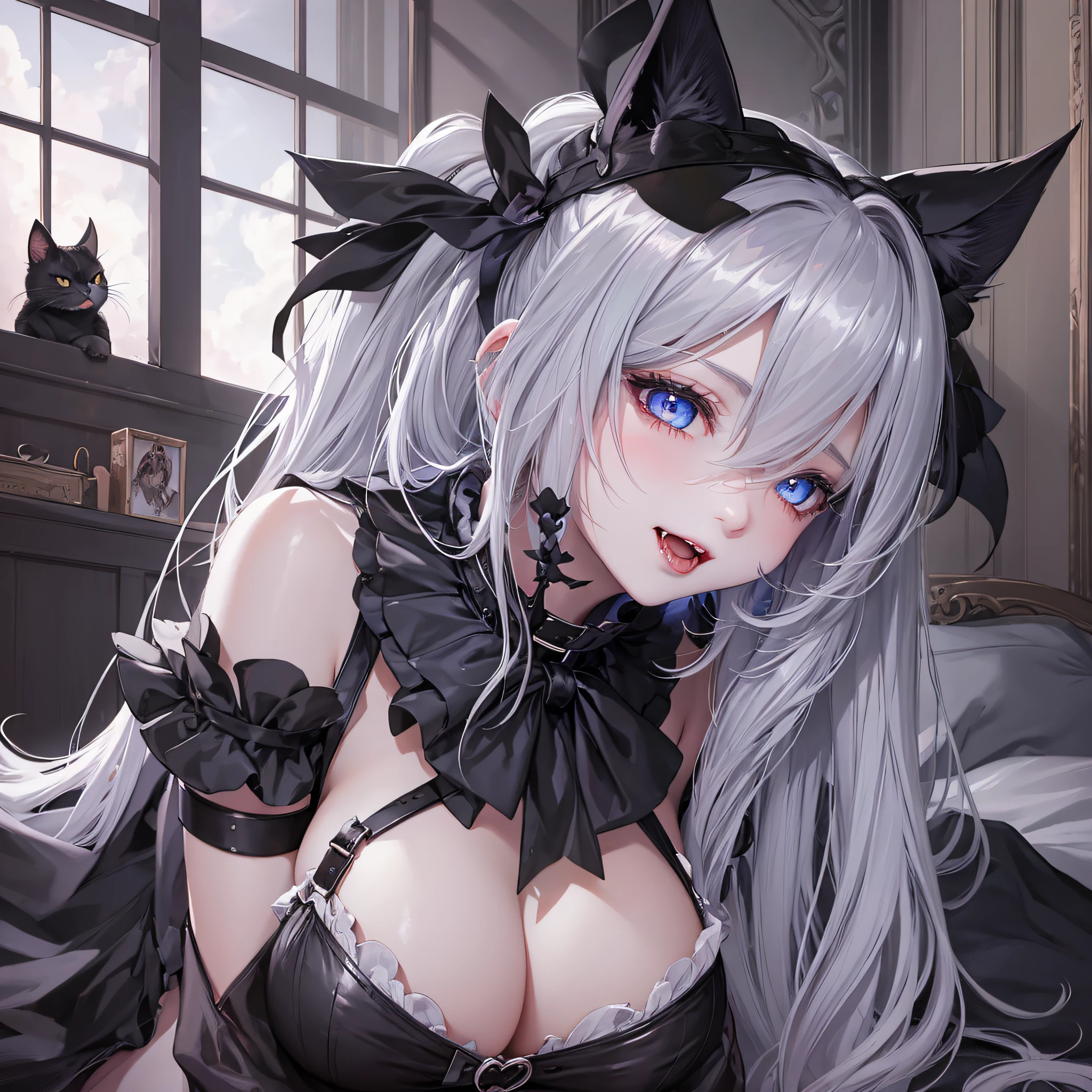 One girl, big, succubus, long gray hair, pale skin, heart-shaped light blue eyes, fangs, abnormally long braid, black cat ears, bed, collar, restraints --auto --s2