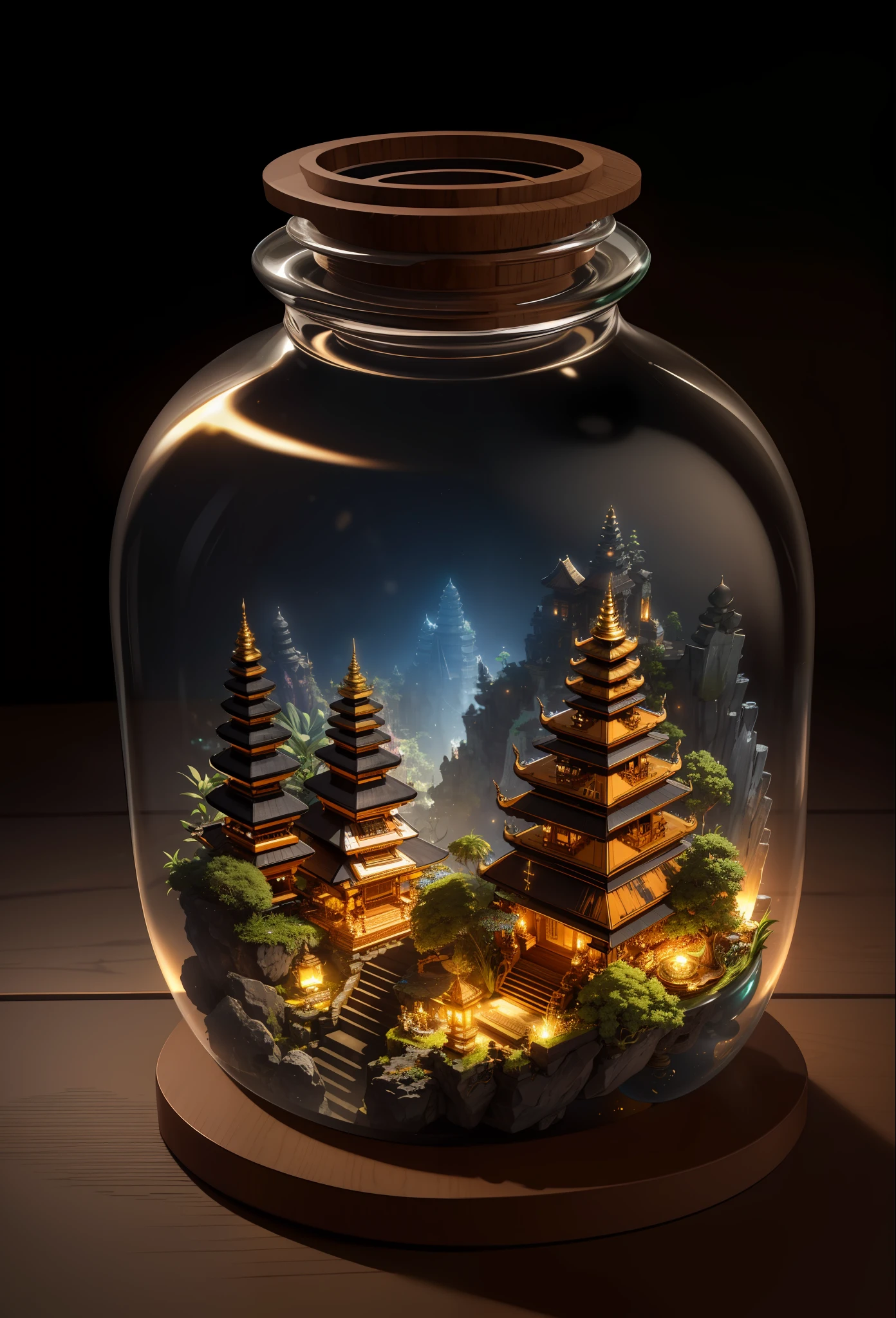 (An intricate Bali minitown landscape trapped in a bottle), atmospheric oliva lighting, on the  table, 4k UHD, dark vibes, hyper detailed, vibrant colours, epic composition, octane render, sharp focus, high resolution isometric