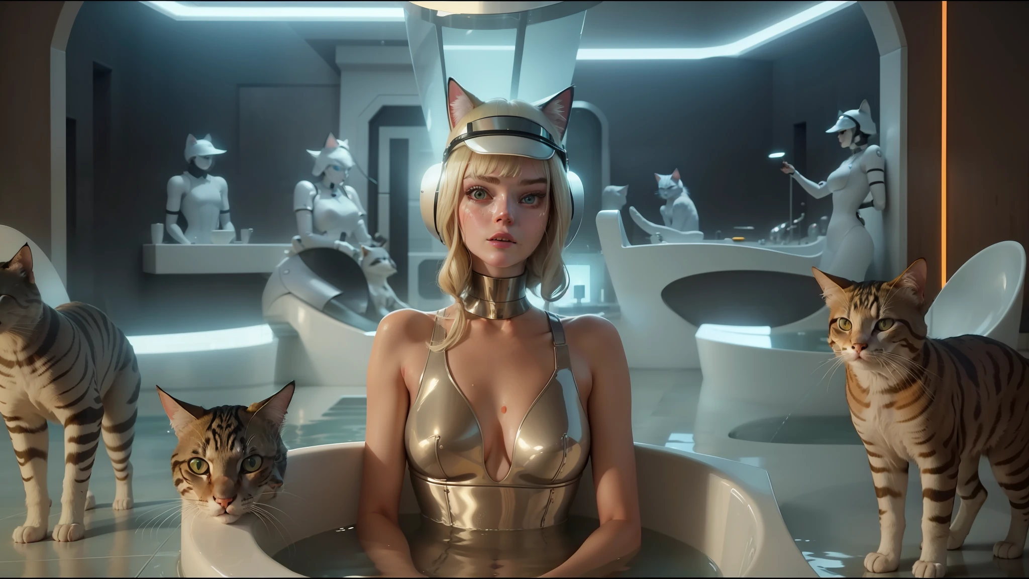 there are many cats standing around a woman in a bath tub, elle fanning as an android, pyramid visor, doja cat, 2 0 2 1 cinematic 4 k framegrab, inspired by Emma Lampert Cooper, connected to heart machines, cg society contest winner, mary elizabeth winstead, pets, tvs, spa --auto --s2
